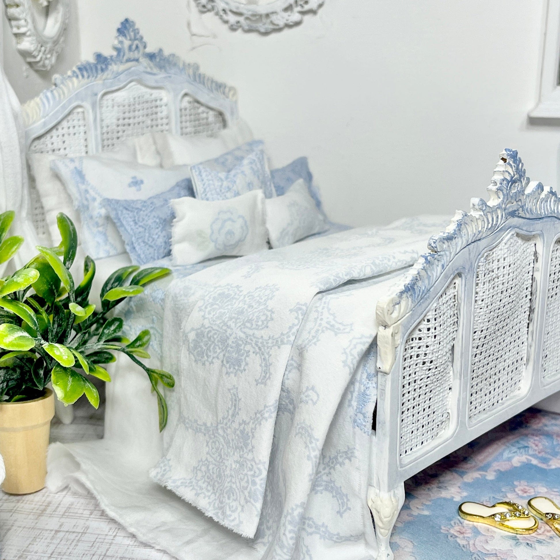 Chantallena Doll House (Copy) Shabby Cottage | White Cotton 1:12 Scale Bedding Set with Pale Blue Embroidery Bed Runner | Ariel