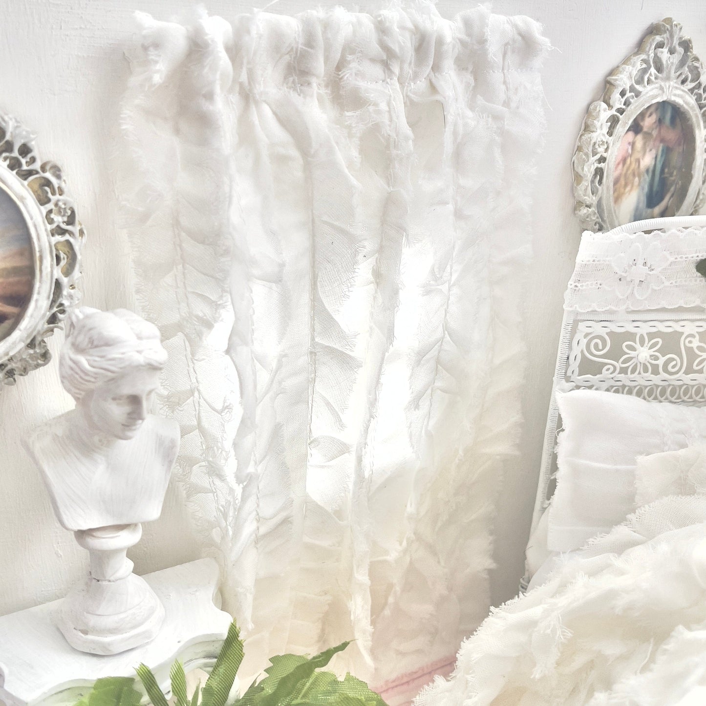 Chantallena Doll House Curtains | Soft White Ruffled 2 Panel Cotton Curtains | White Ruffled