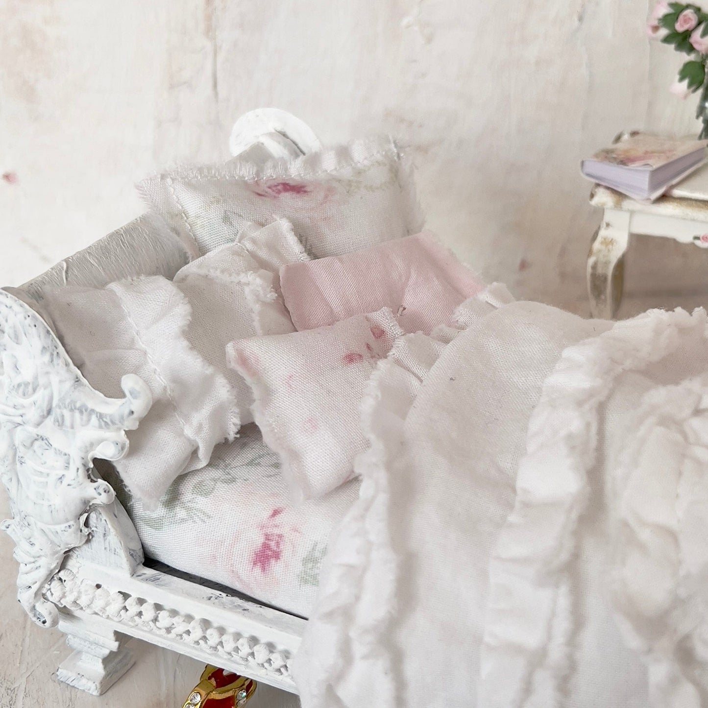 Chantallena Doll House Day Bed Bedding|Shabby Blue Floral and Striped Cotton 1:12 Scale Dollhouse Set | Rose Daydreams