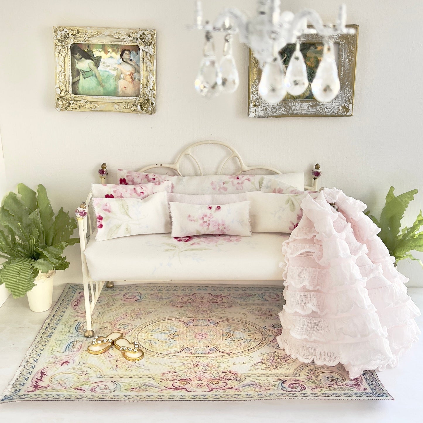 Chantallena Doll House Day Bed | Faded Pink, Blue Florals Cotton Set | Shabby Pink Wildflowers