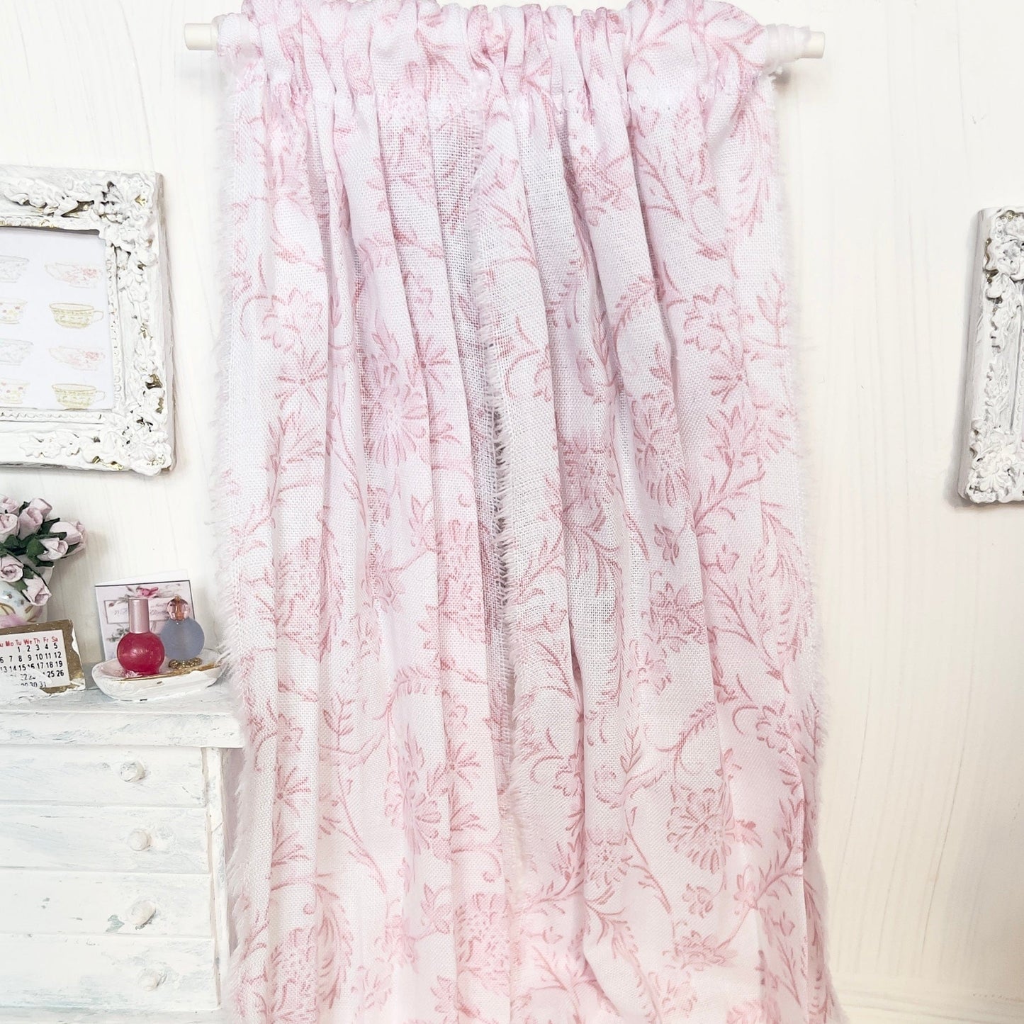 Chantallena Doll House Dollhouse Accessories 2 Curtains (4 Panels) Curtains | Pink Chinoiserie Scroll 2 Panel Cotton | Jardin en Toile