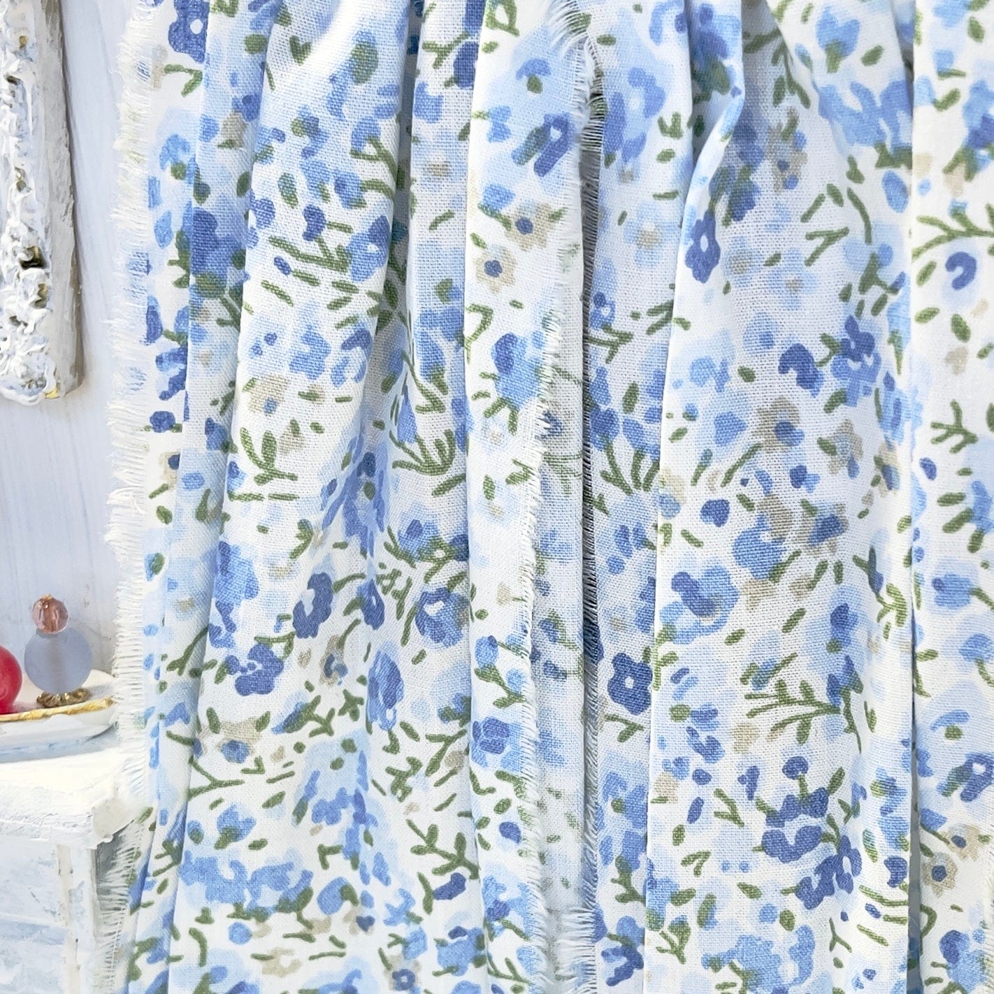 Chantallena Doll House Dollhouse Accessories Curtains | Blue Ditsy Floral 2 Panel Cotton Curtains
