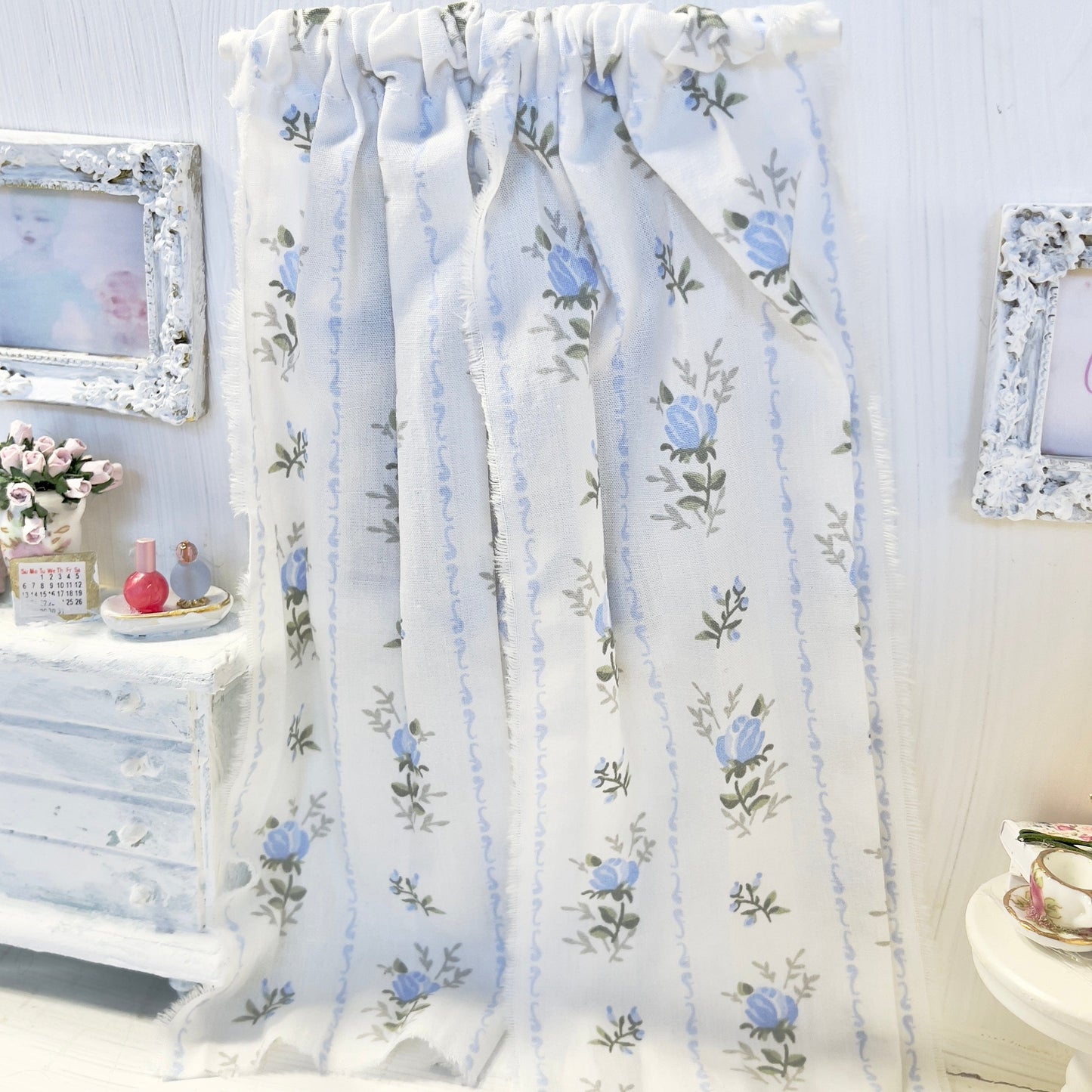 Chantallena Doll House Dollhouse Accessories Curtains | Blue Floral Trellis 2 Panel Cotton Curtains