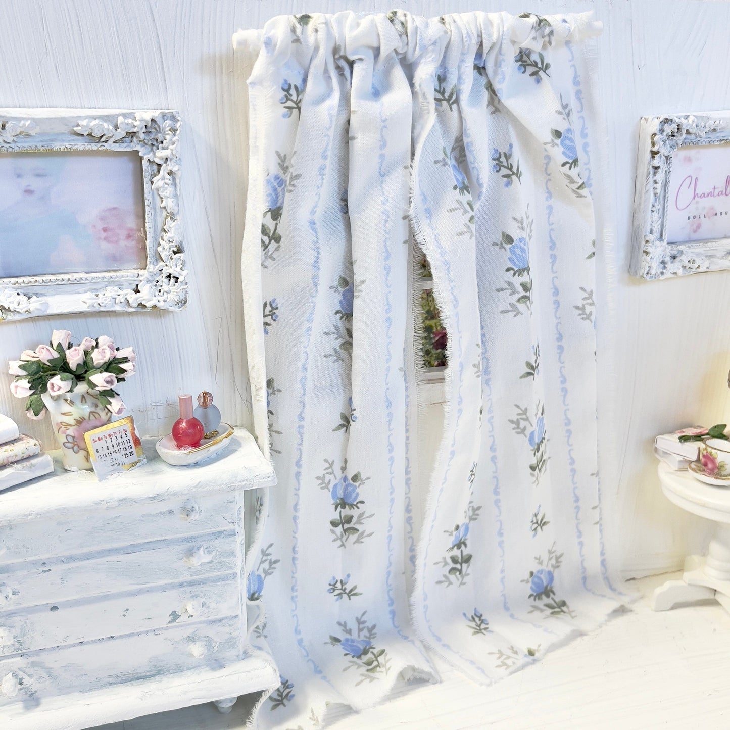 Chantallena Doll House Dollhouse Accessories Curtains | Blue Floral Trellis 2 Panel Cotton Curtains