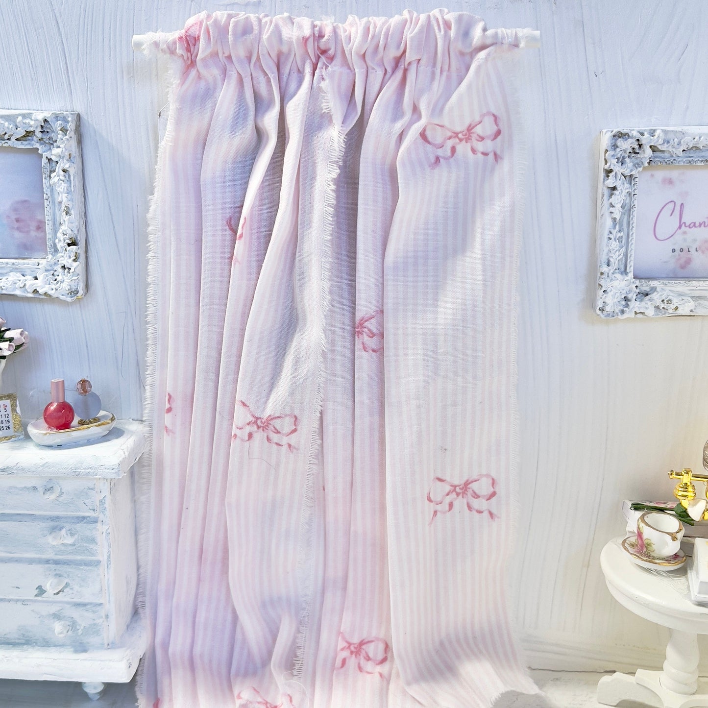 Chantallena Doll House Dollhouse Accessories Curtains | Pink and White Stripes with Petite Pink Bows 2 Panel Cotton Curtains