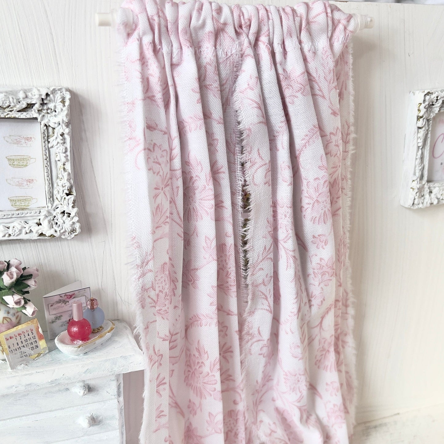 Chantallena Doll House Dollhouse Accessories Curtains | Pink Chinoiserie Scroll 2 Panel Cotton | Jardin en Toile