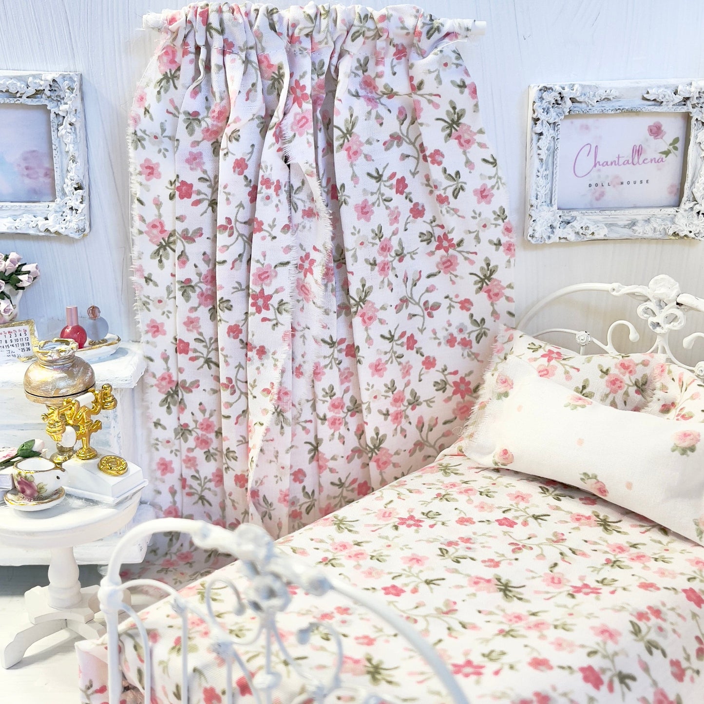 Chantallena Doll House Dollhouse Accessories Curtains | Pink Ditsy Floral 2 Panel Cotton Curtains