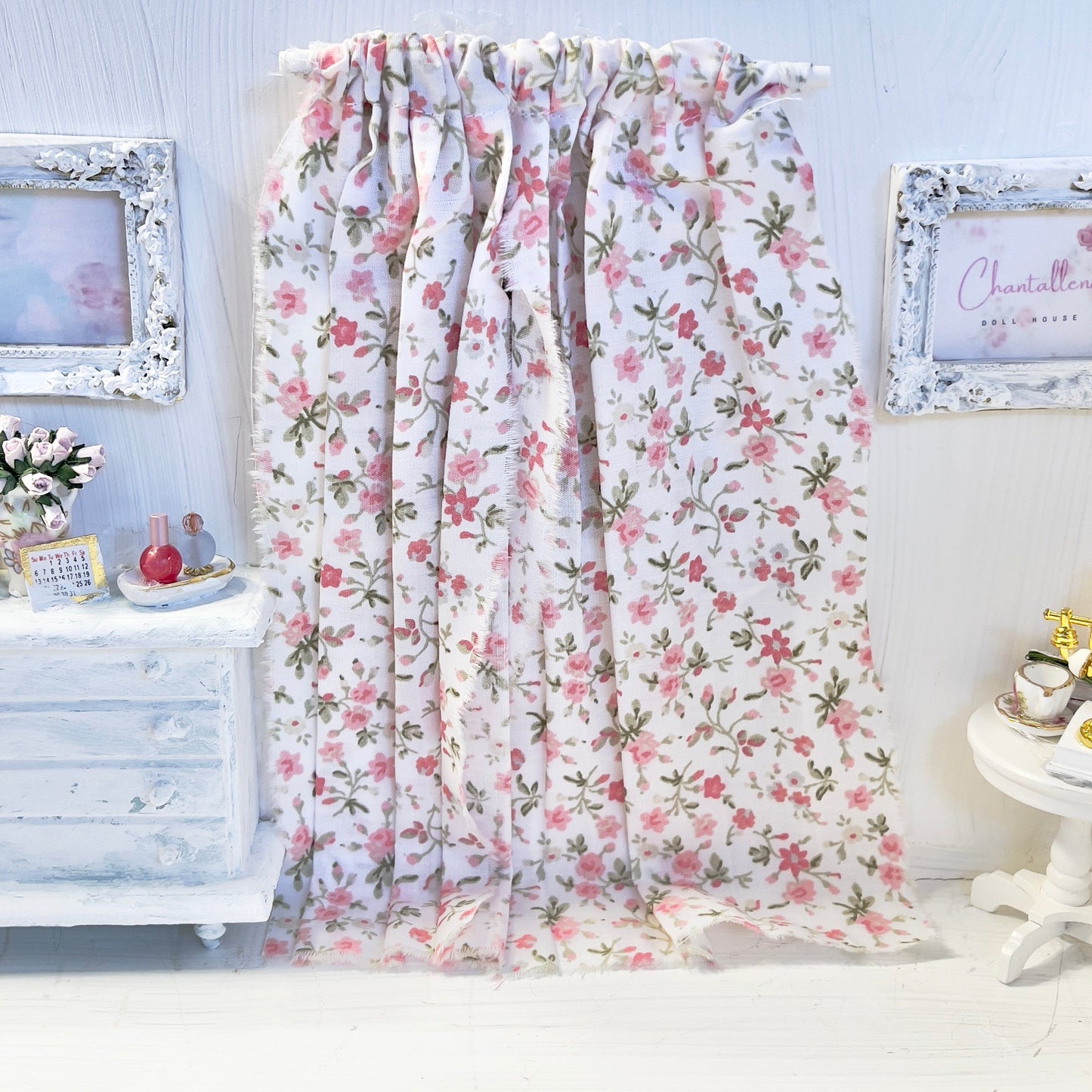 Chantallena Doll House Dollhouse Accessories Curtains | Pink Ditsy Floral 2 Panel Cotton Curtains