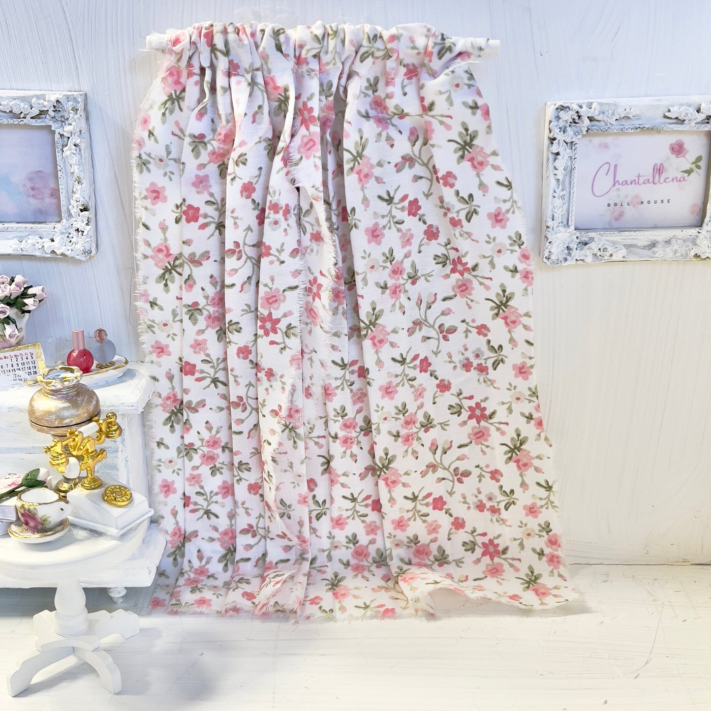 Chantallena Doll House Dollhouse Accessories Curtains | Pink Ditsy Floral 2 Panel Cotton Curtains