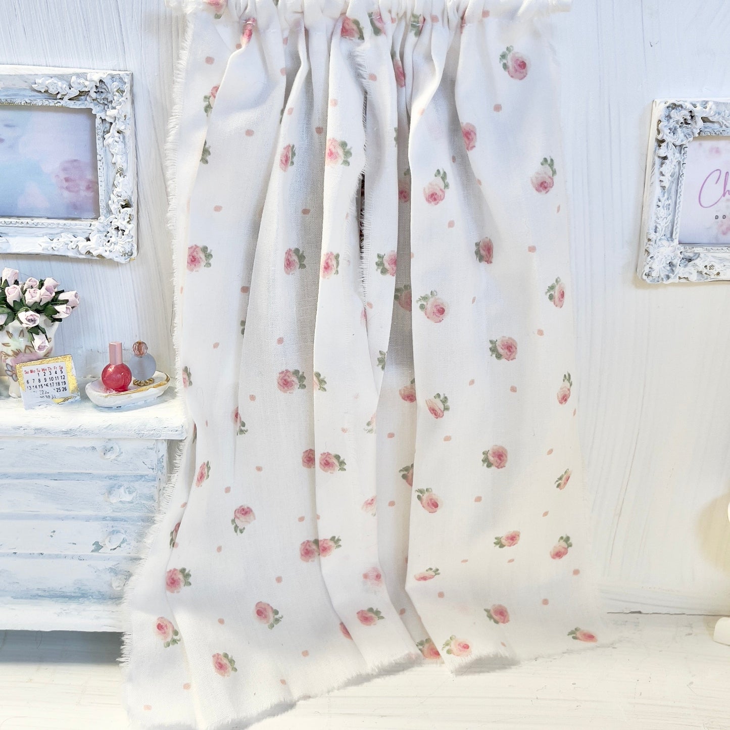 Chantallena Doll House Dollhouse Accessories Curtains | Scattered Petite Pink Roses on Soft White 2 Panel Cotton Curtains