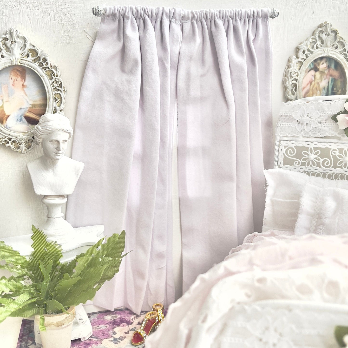 Chantallena Doll House Dollhouse Accessories Curtains | Shabby Lavender 2 Panel Cotton Curtains | Shabby Lavender