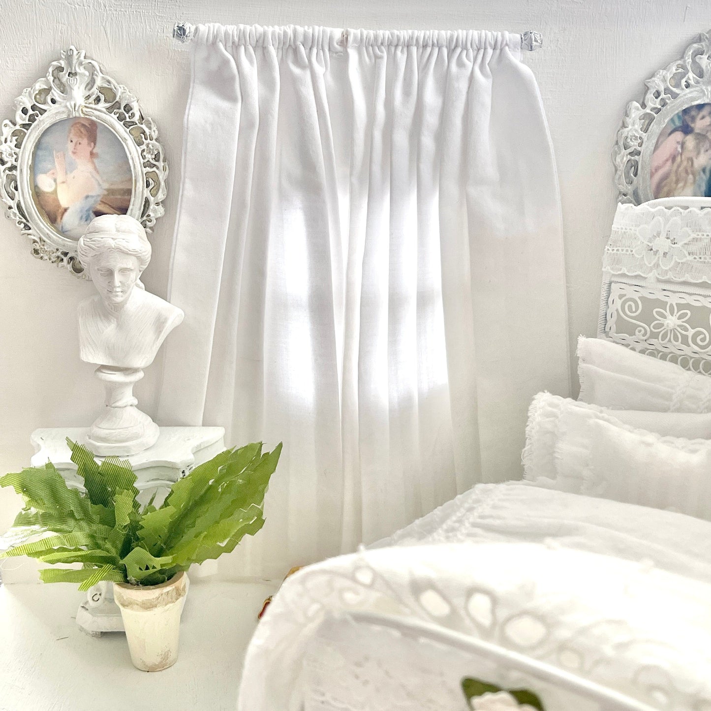 Chantallena Doll House Dollhouse Accessories Curtains | Shabby White 2 Panel Cotton Curtains | White Shabby