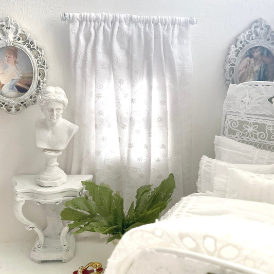 Chantallena Doll House Dollhouse Accessories Curtains | White Petite Eyelet 2 Panel Cotton Curtains | White Petite Eyelet