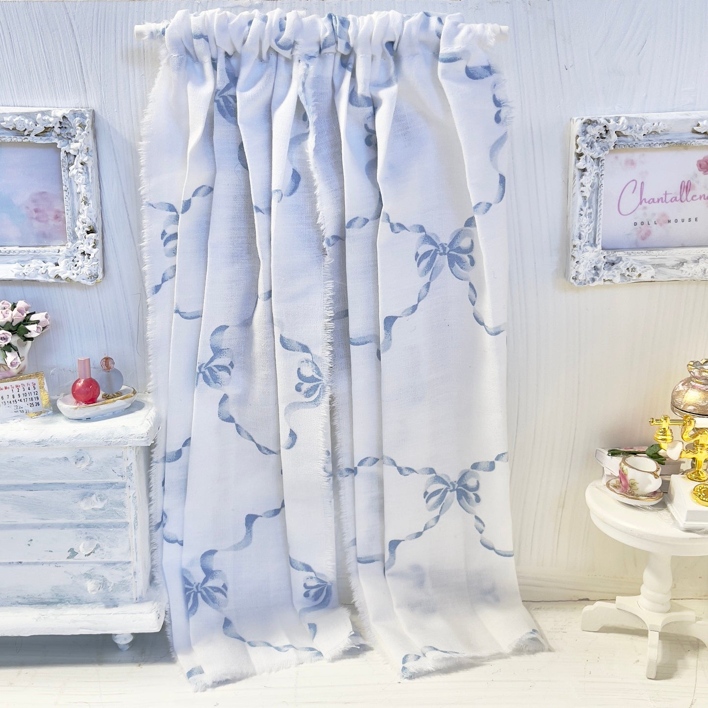 Chantallena Doll House Dollhouse Accessories Curtains | White with Blue Ribbon Bows 2 Panel Cotton Curtains