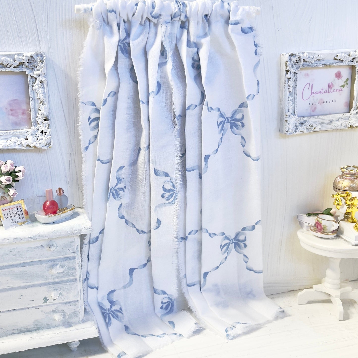 Chantallena Doll House Dollhouse Accessories Curtains | White with Blue Ribbon Bows 2 Panel Cotton Curtains