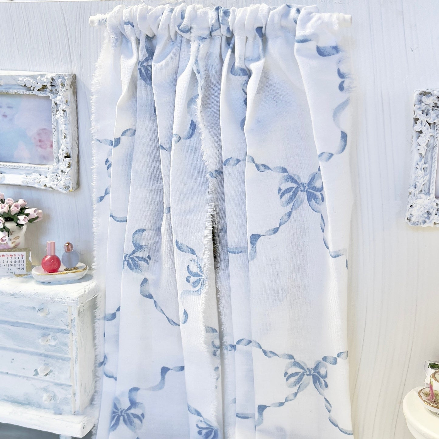 Chantallena Doll House Dollhouse Accessories Curtains | White with Blue Ribbon Bows 2 Panel Cotton Curtains
