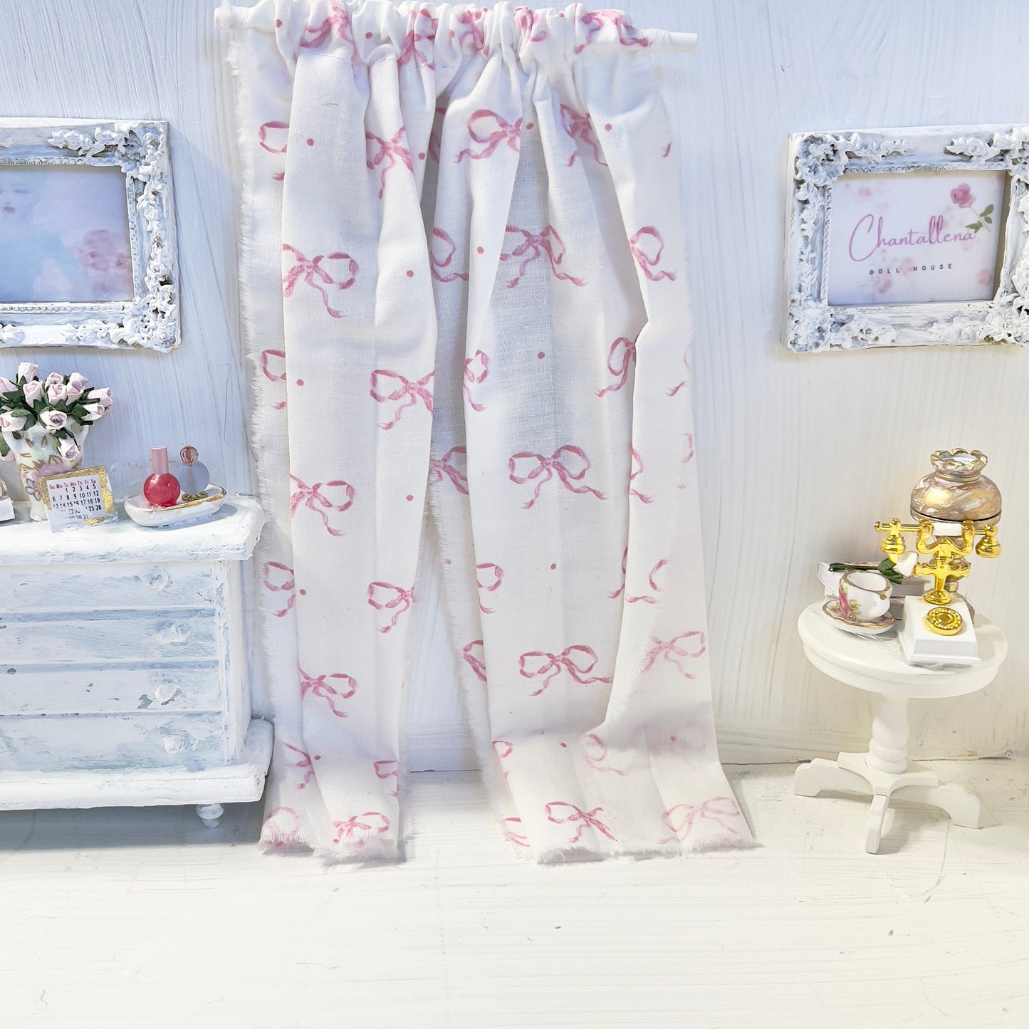 Chantallena Doll House Dollhouse Accessories Curtains | White with Petite Pink Bows 2 Panel Cotton Curtains