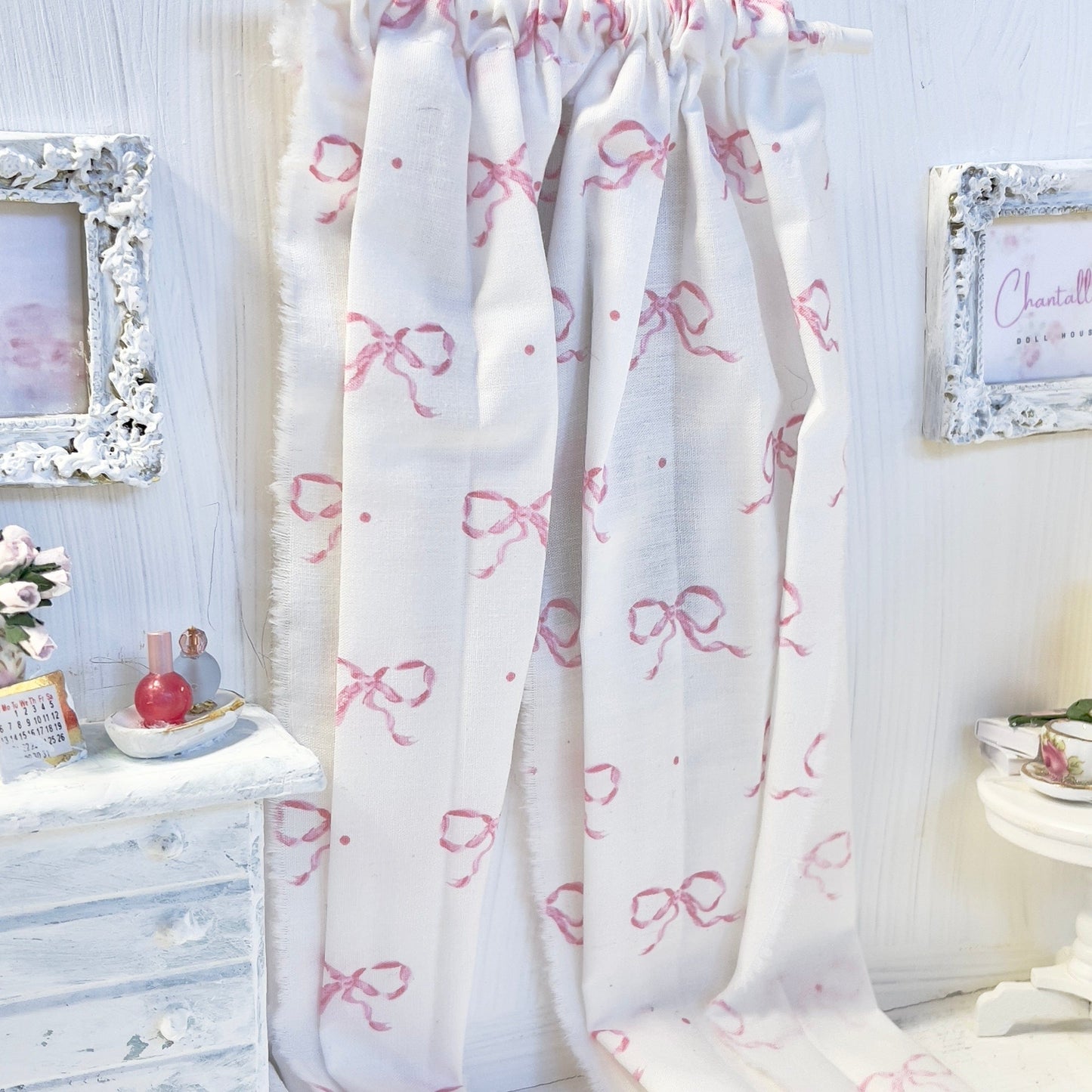 Chantallena Doll House Dollhouse Accessories Curtains | White with Petite Pink Bows 2 Panel Cotton Curtains