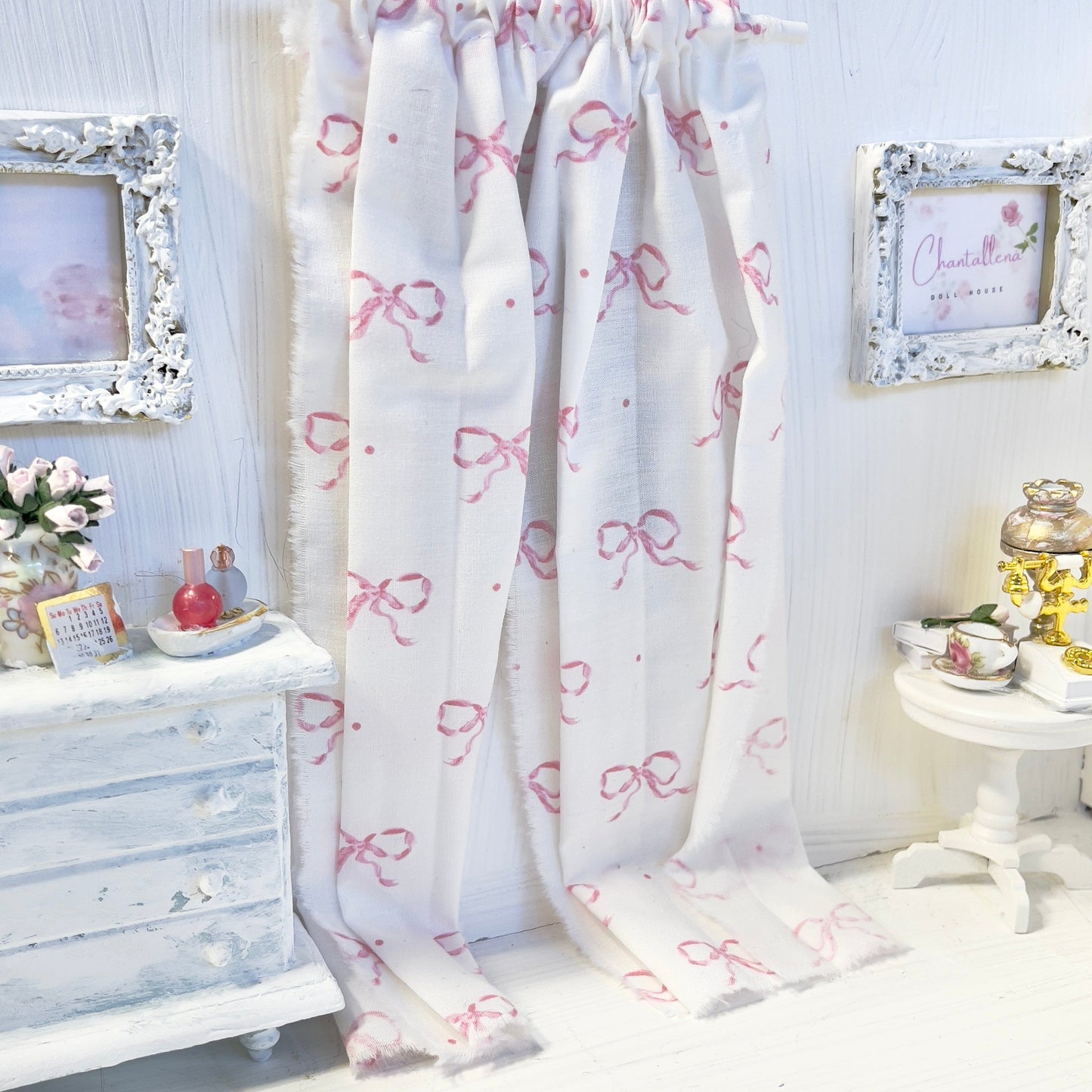 Chantallena Doll House Dollhouse Accessories Curtains | White with Petite Pink Bows 2 Panel Cotton Curtains