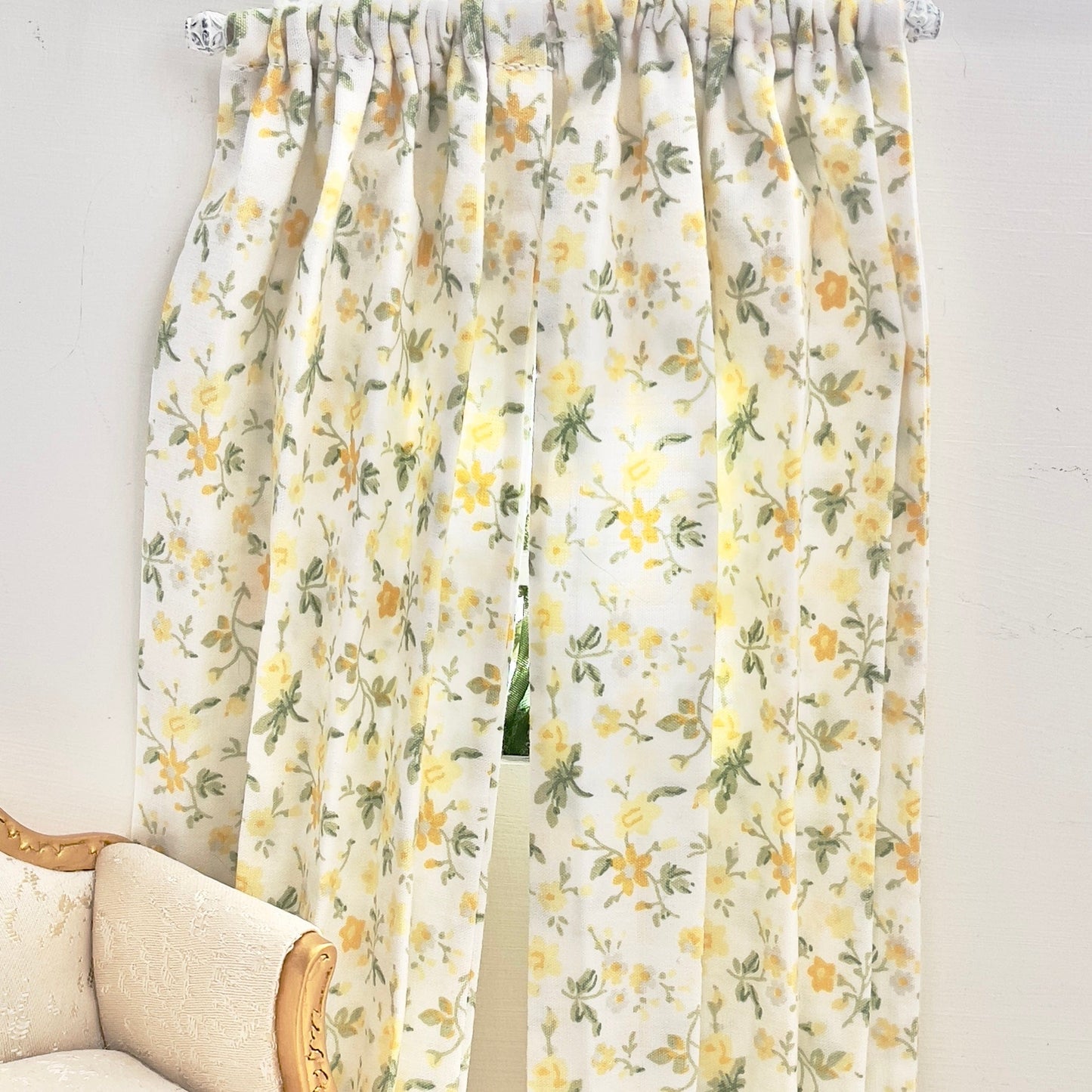Chantallena Doll House Dollhouse Accessories Curtains | Yellow Ditsy Floral 2 Panel Cotton Curtains