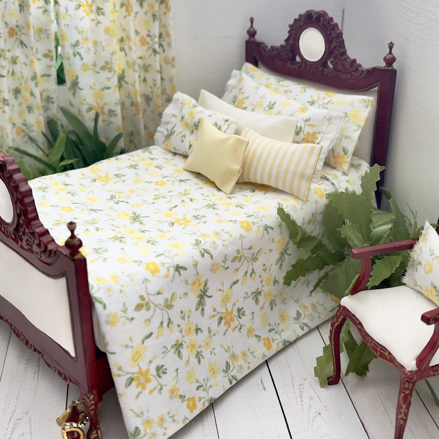 Chantallena Doll House Dollhouse Accessories Curtains | Yellow Ditsy Floral 2 Panel Cotton Curtains