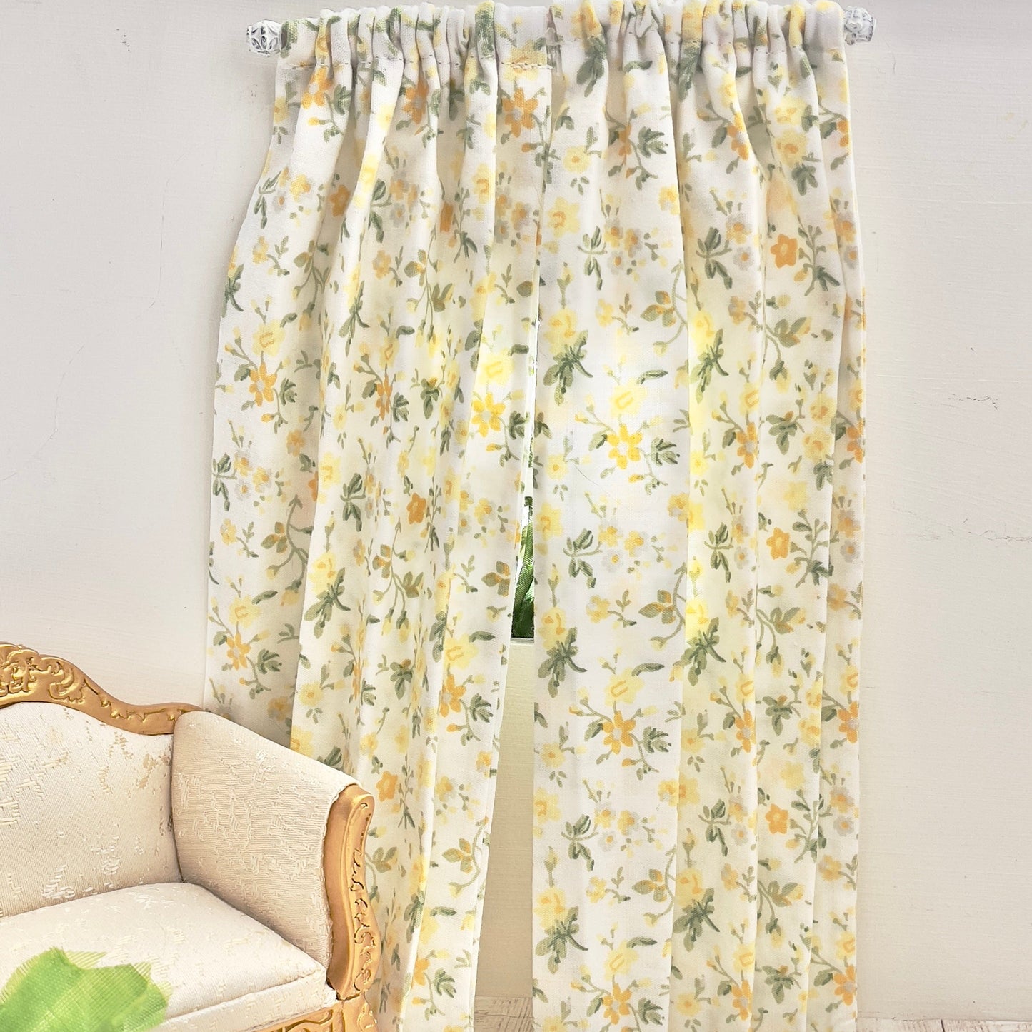 Chantallena Doll House Dollhouse Accessories Curtains | Yellow Ditsy Floral 2 Panel Cotton Curtains