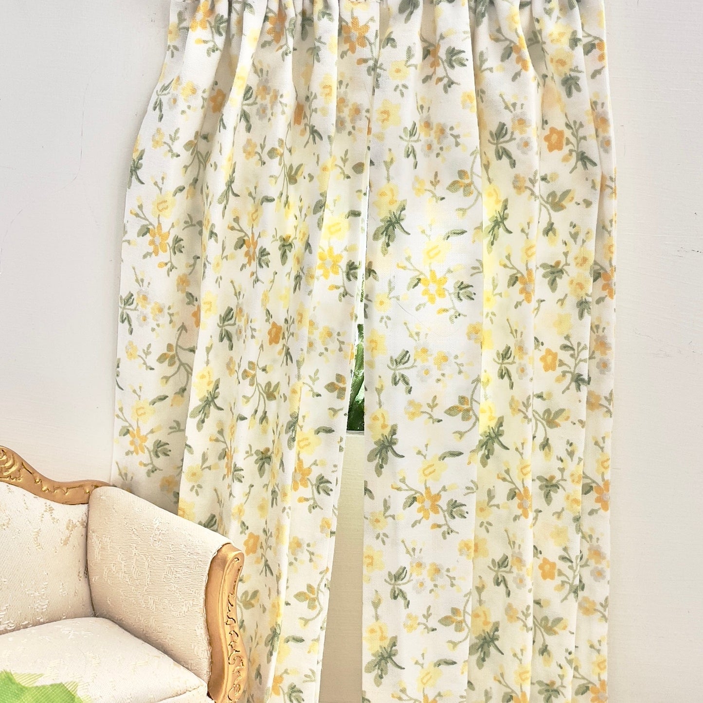 Chantallena Doll House Dollhouse Accessories Curtains | Yellow Ditsy Floral 2 Panel Cotton Curtains
