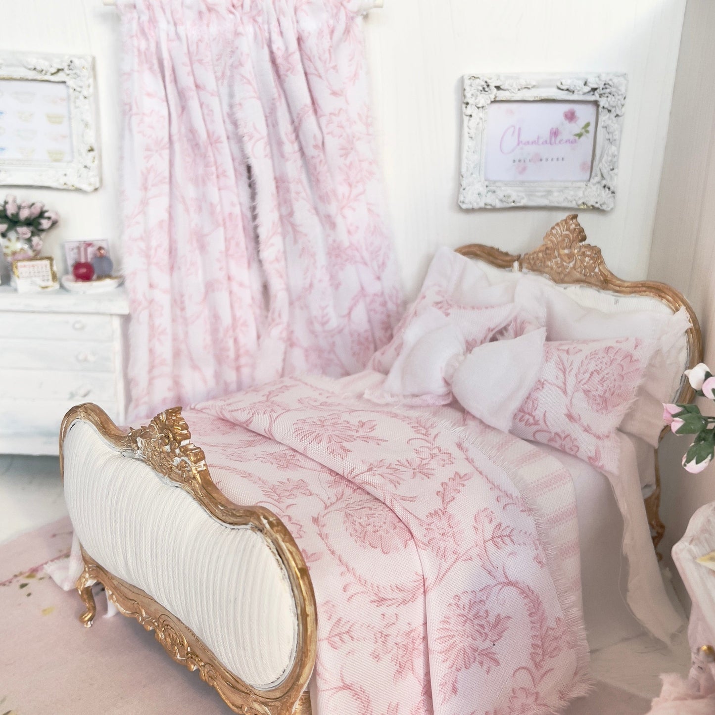 Chantallena Doll House double Jardin de Toile | Pink Chinoiserie Scroll and White Cotton Bedding Set