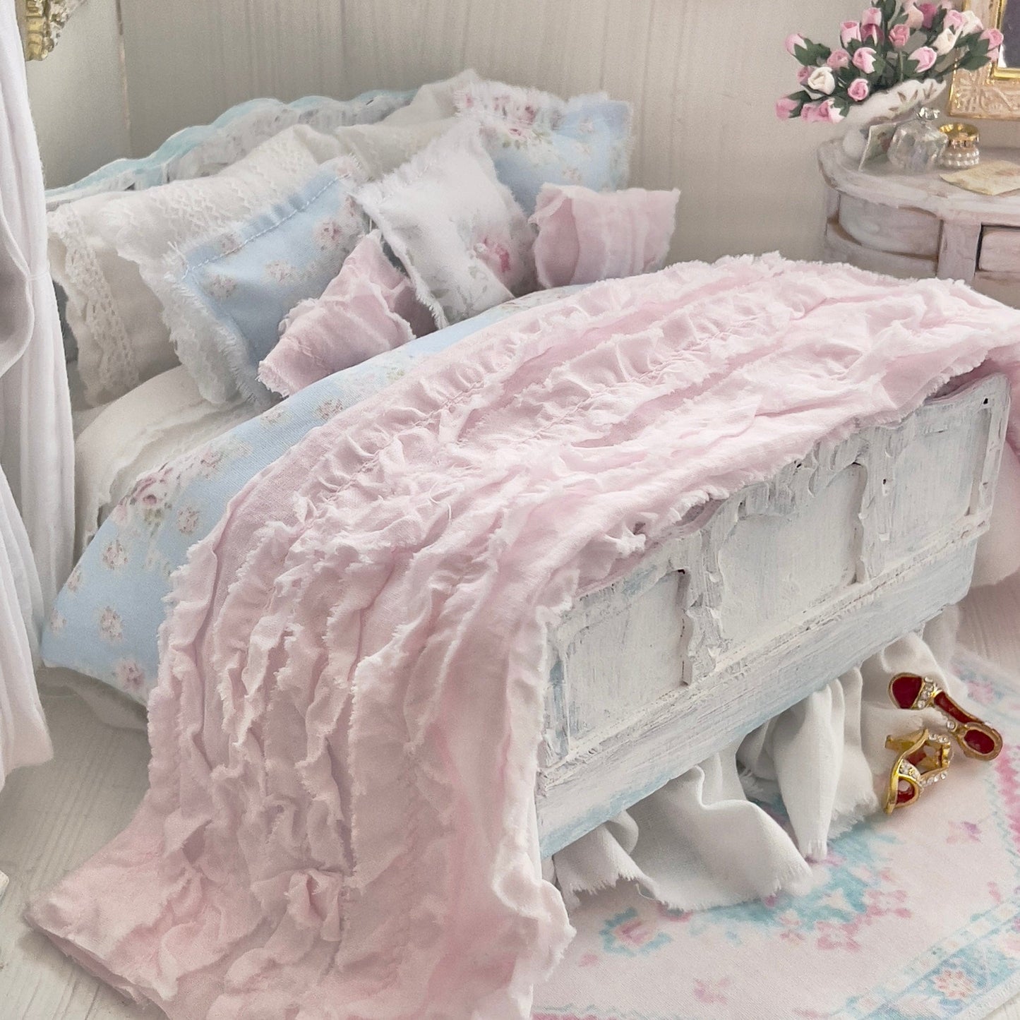 Chantallena Doll House Dressed 1:12 Scale Bed | Blue Floral Bedspread| Blue Meadow