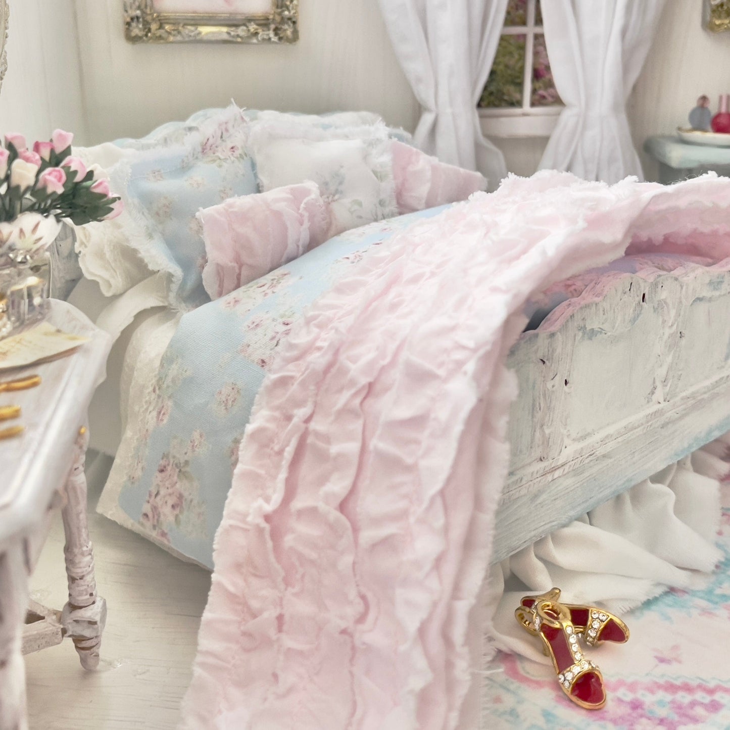 Chantallena Doll House Dressed 1:12 Scale Bed | Blue Floral Bedspread| Blue Meadow