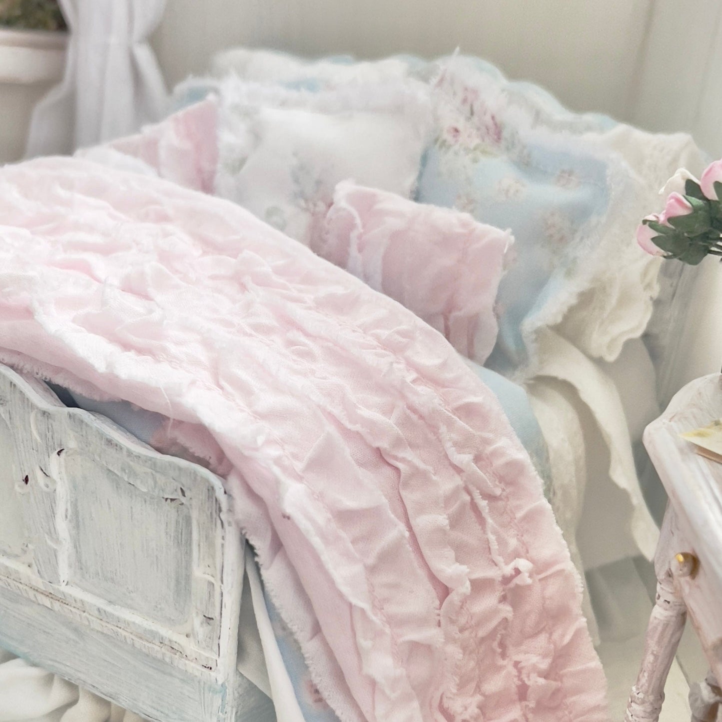 Chantallena Doll House Dressed 1:12 Scale Bed | Blue Floral Bedspread| Blue Meadow