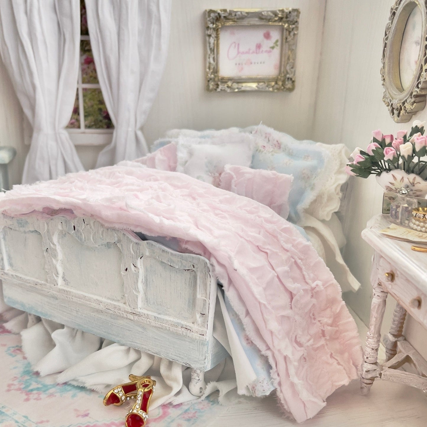 Chantallena Doll House Dressed 1:12 Scale Bed | Blue Floral Bedspread| Blue Meadow