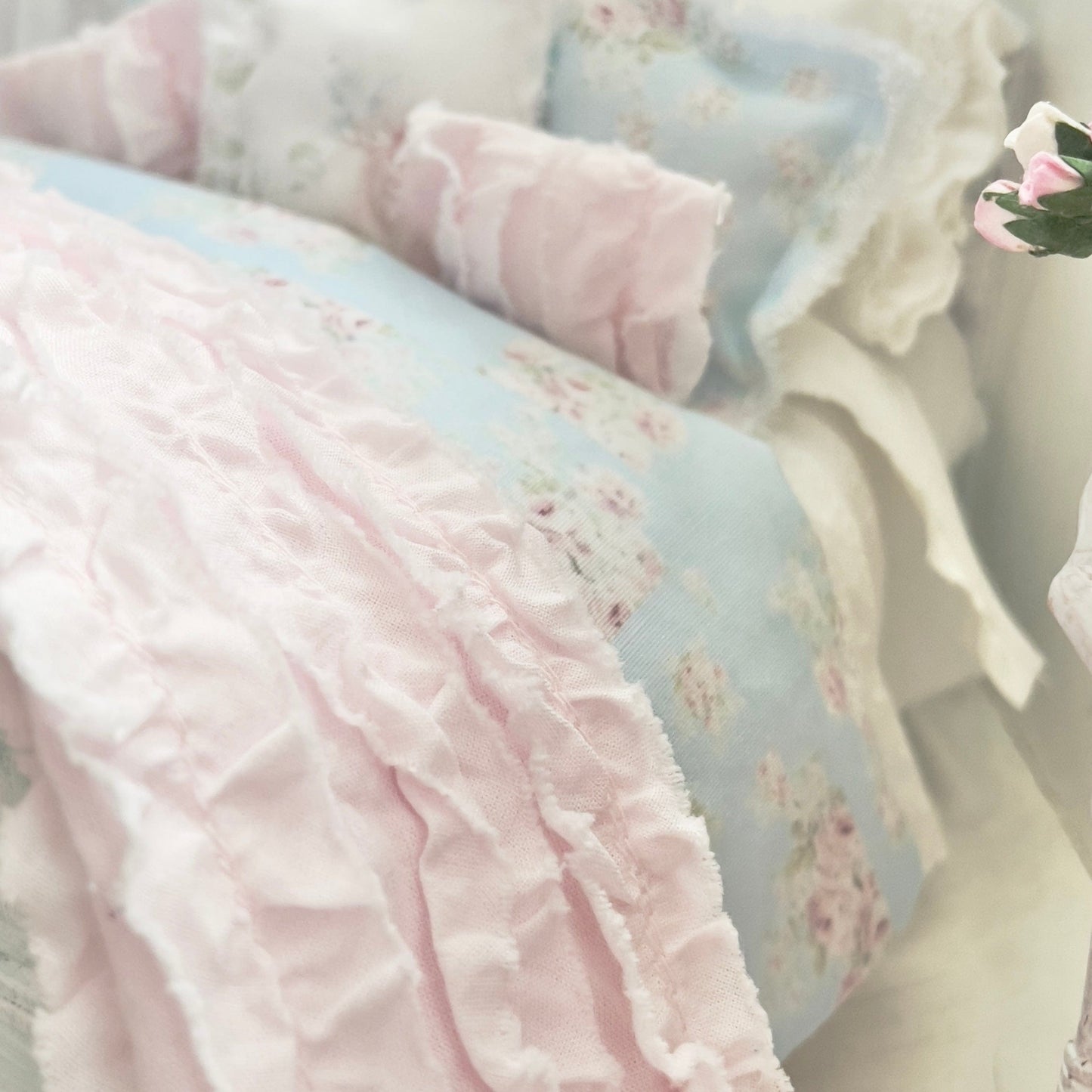 Chantallena Doll House Dressed 1:12 Scale Bed | Blue Floral Bedspread| Blue Meadow