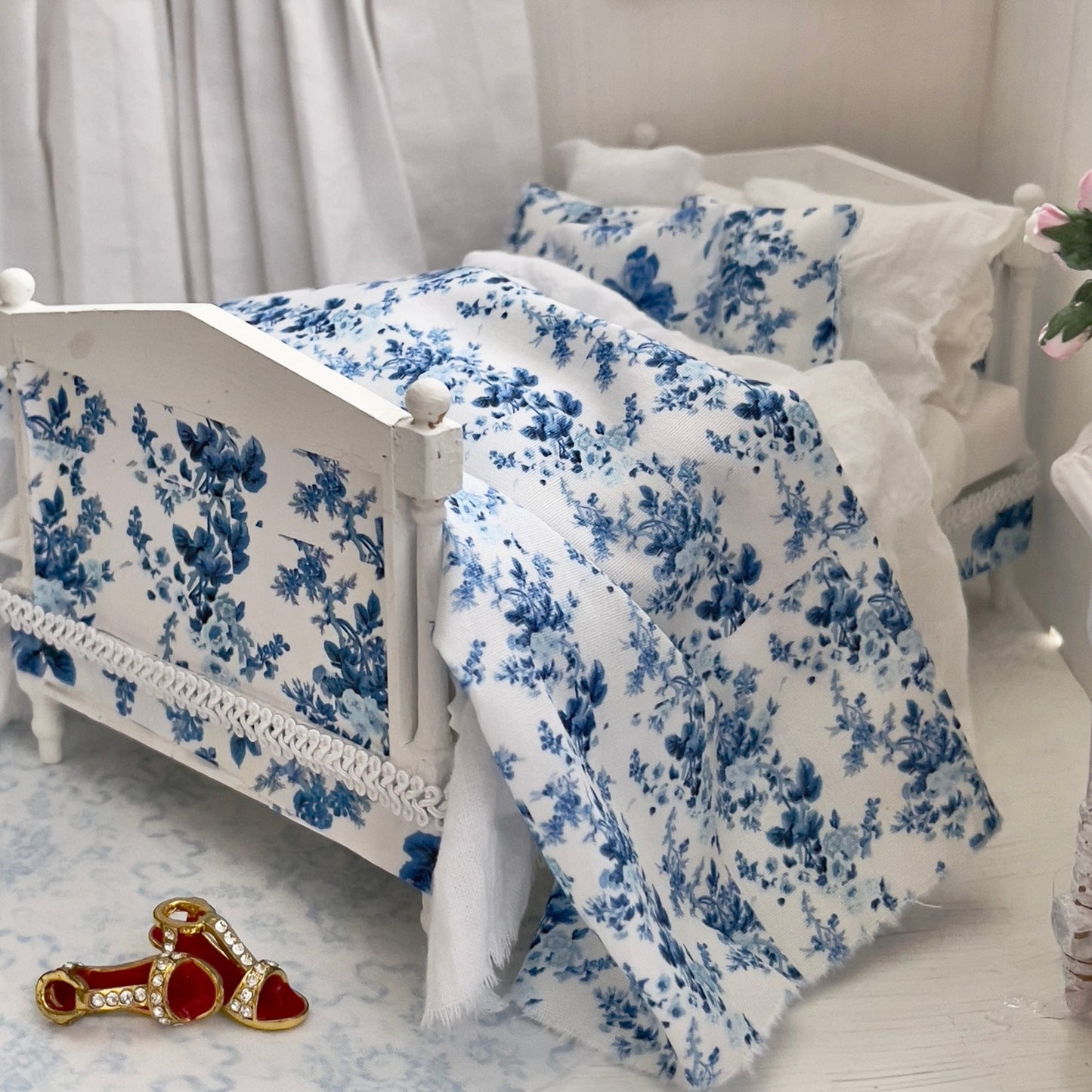 Chantallena Doll House Dressed 1:12 Scale Bed | Decoupaged with French Blue Floral Print Bedspread|French Blue