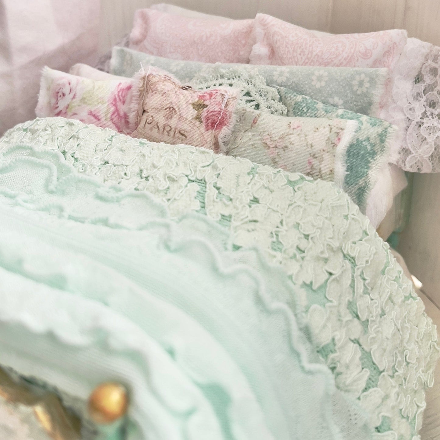 Chantallena Doll House Dressed 1:12 Scale Bed | Decoupaged with Mint Green Ruffled Throw Bedspreads| Paris Mint