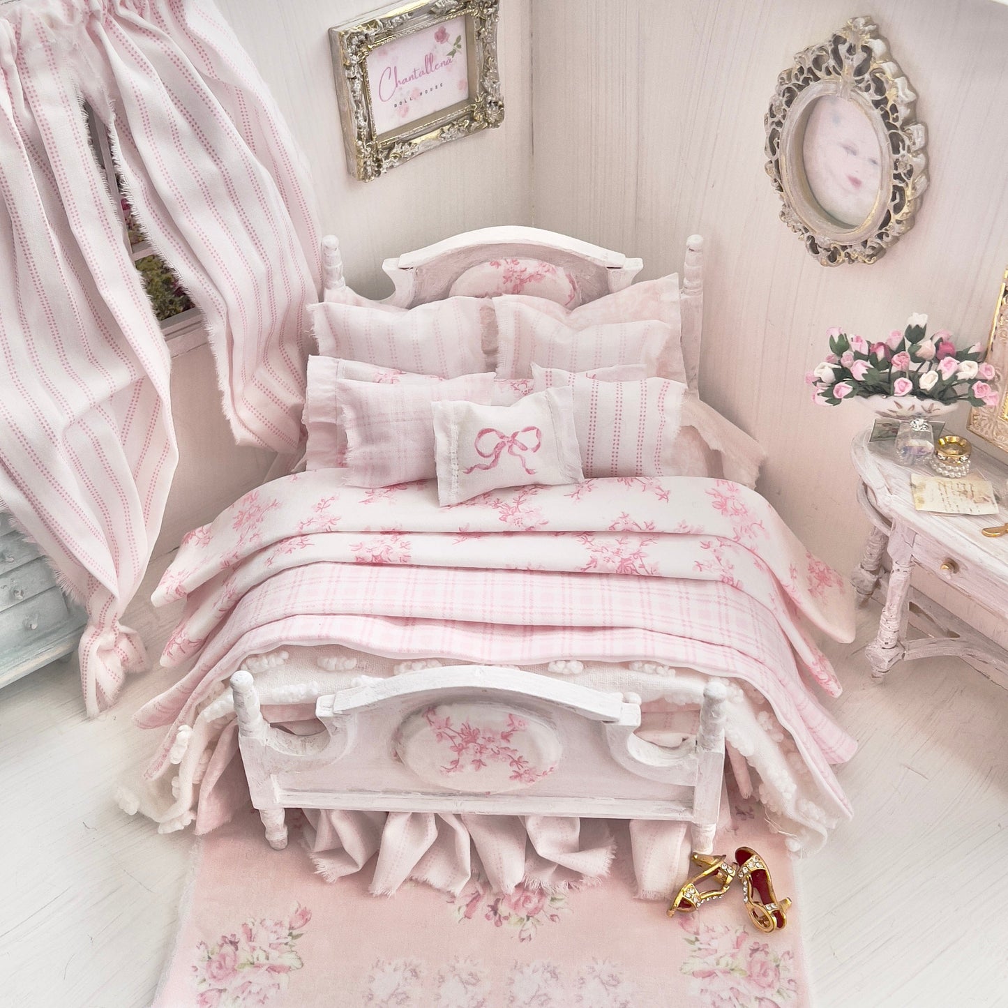 Chantallena Doll House Dressed 1:12 Scale Bed | Decoupaged with Vintage Chenille Bedspreads| Touch of Laura