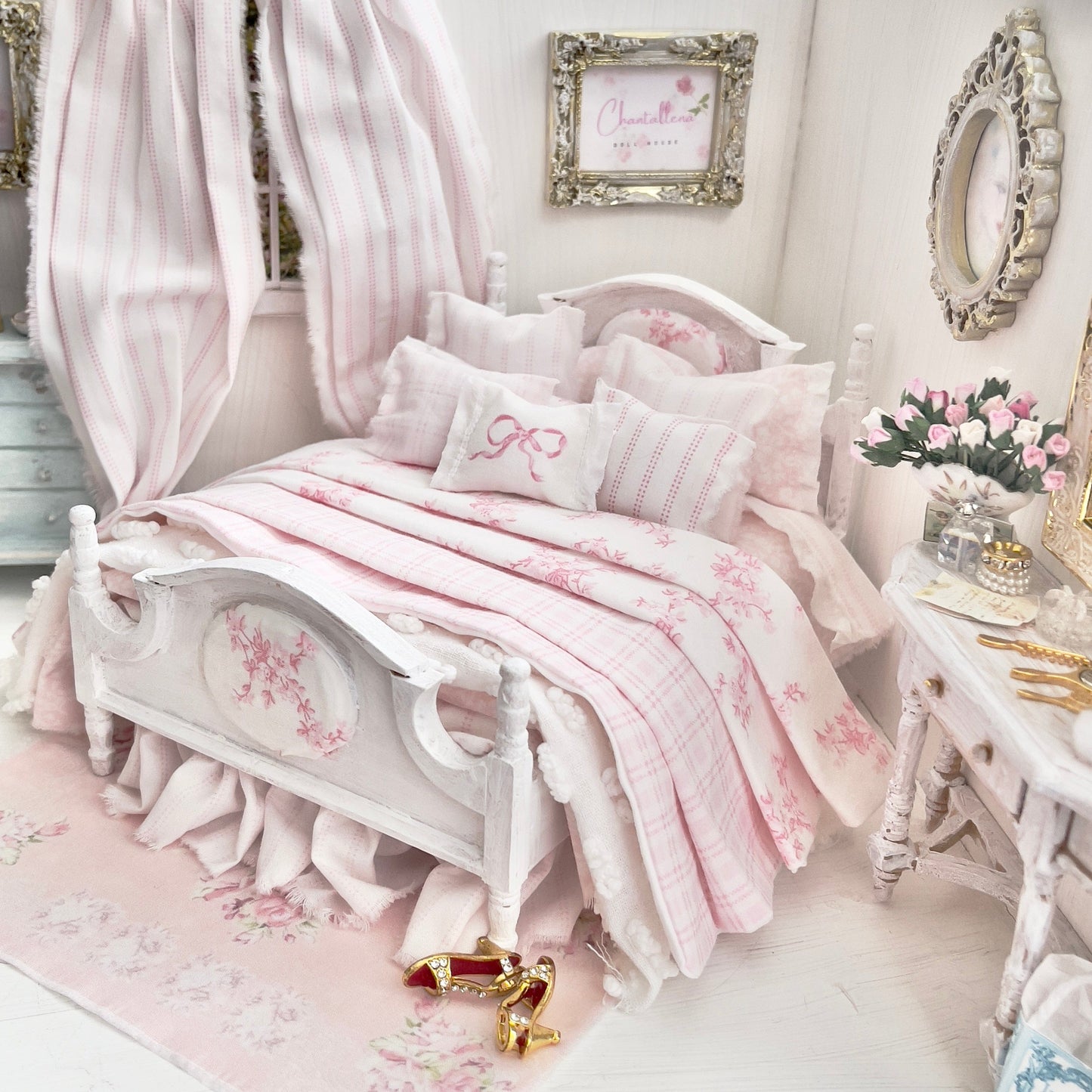Chantallena Doll House Dressed 1:12 Scale Bed | Decoupaged with Vintage Chenille Bedspreads| Touch of Laura