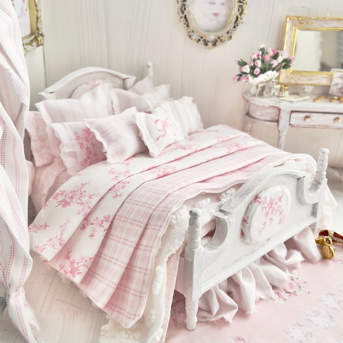Chantallena Doll House Dressed 1:12 Scale Bed | Decoupaged with Vintage Chenille Bedspreads| Touch of Laura