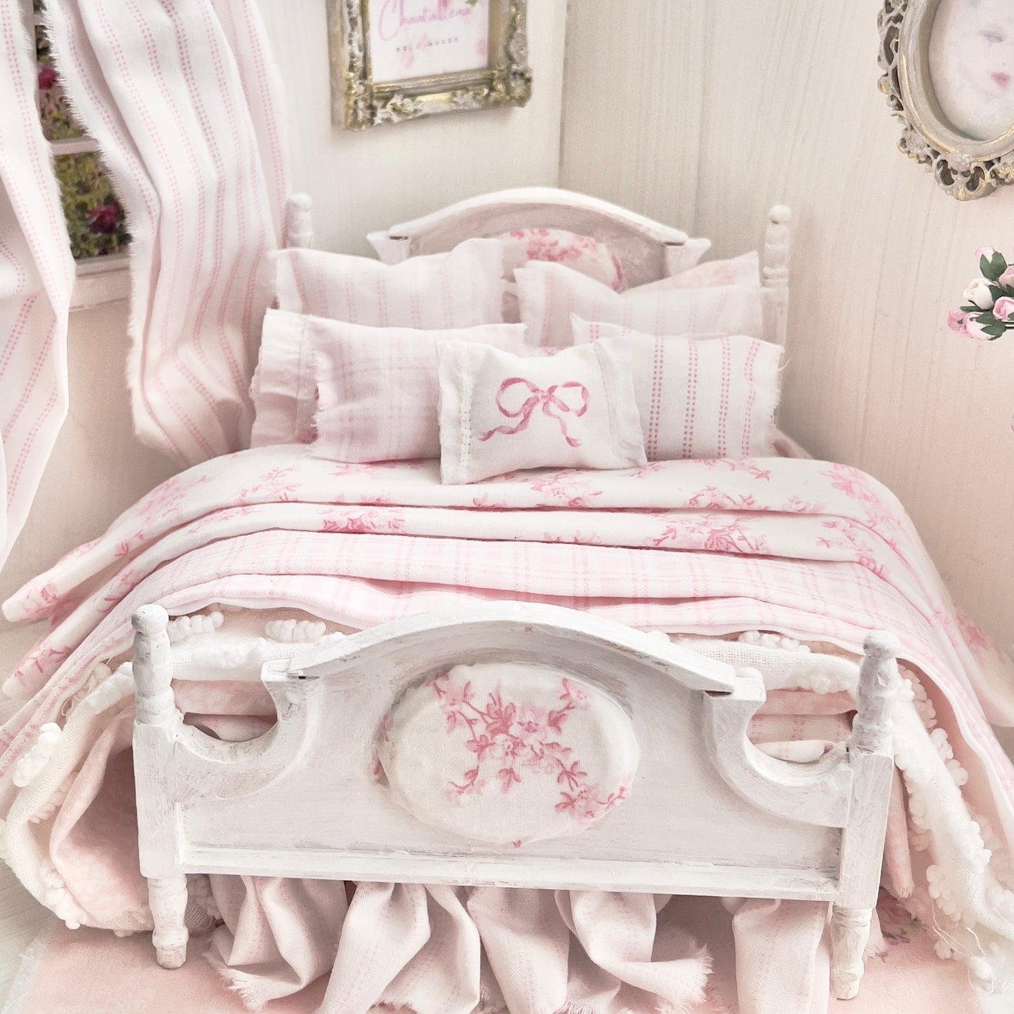 Chantallena Doll House Dressed 1:12 Scale Bed | Decoupaged with Vintage Chenille Bedspreads| Touch of Laura