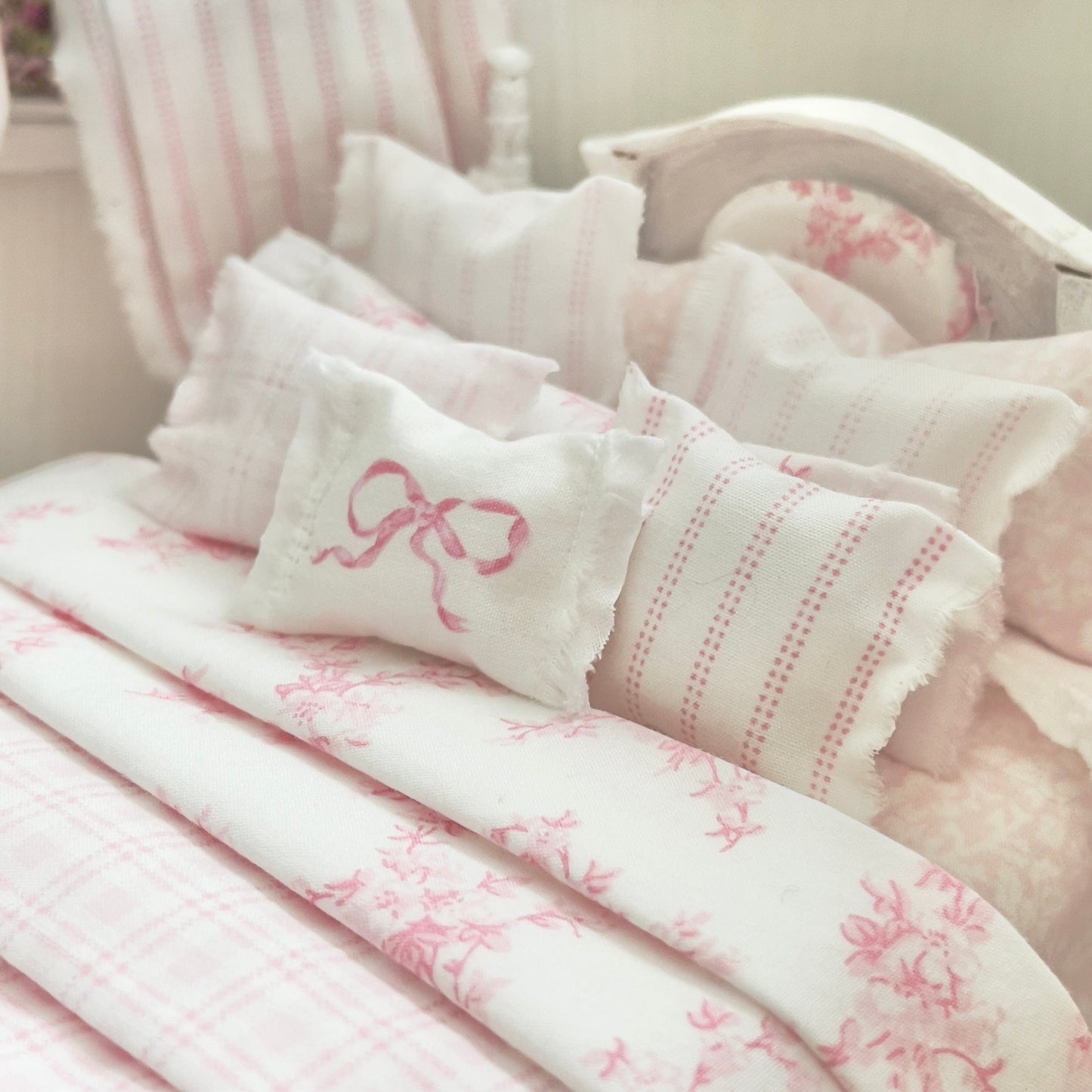 Chantallena Doll House Dressed 1:12 Scale Bed | Decoupaged with Vintage Chenille Bedspreads| Touch of Laura