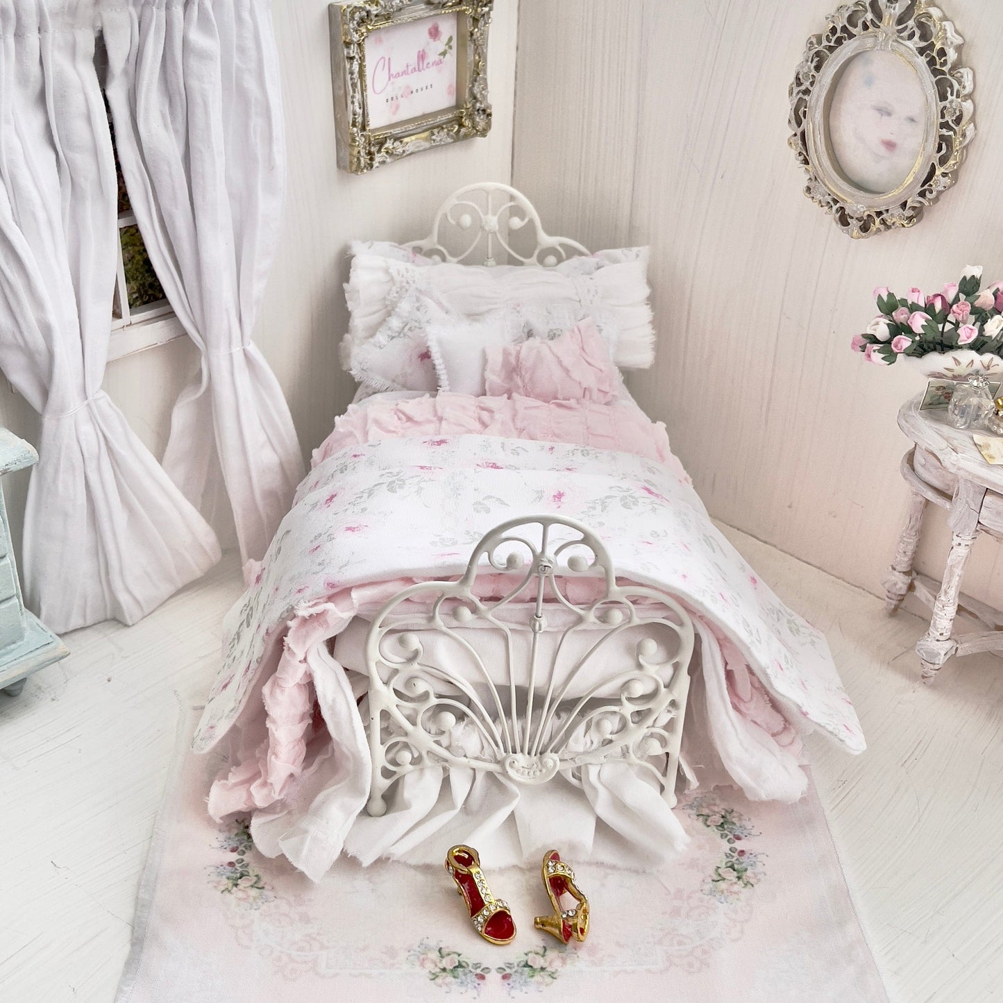 Chantallena Doll House Dressed 1:12 Scale Bed | Petite Pink and Blue Shabby Bedspread|Petite Lindy 1