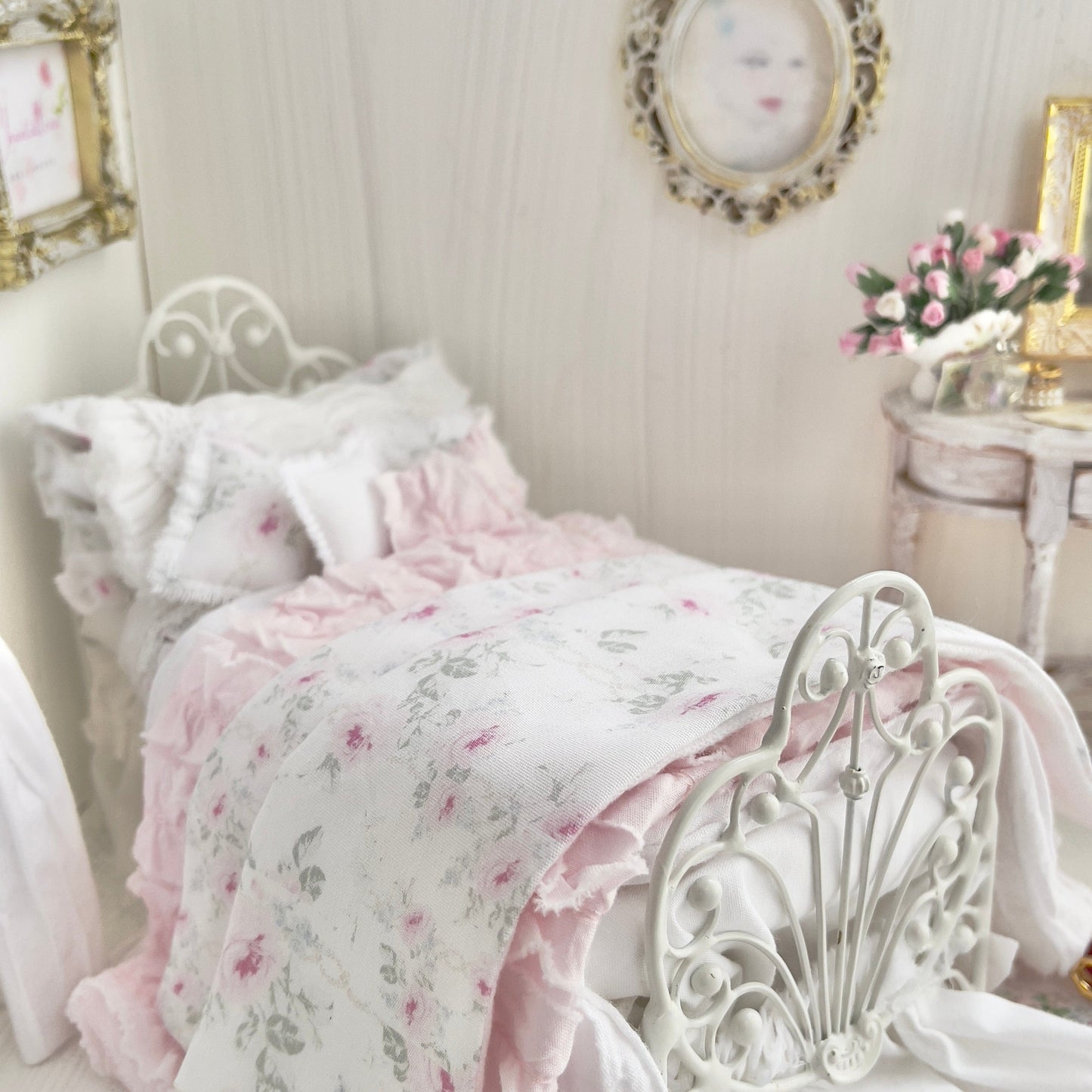 Chantallena Doll House Dressed 1:12 Scale Bed | Petite Pink and Blue Shabby Bedspread|Petite Lindy 1