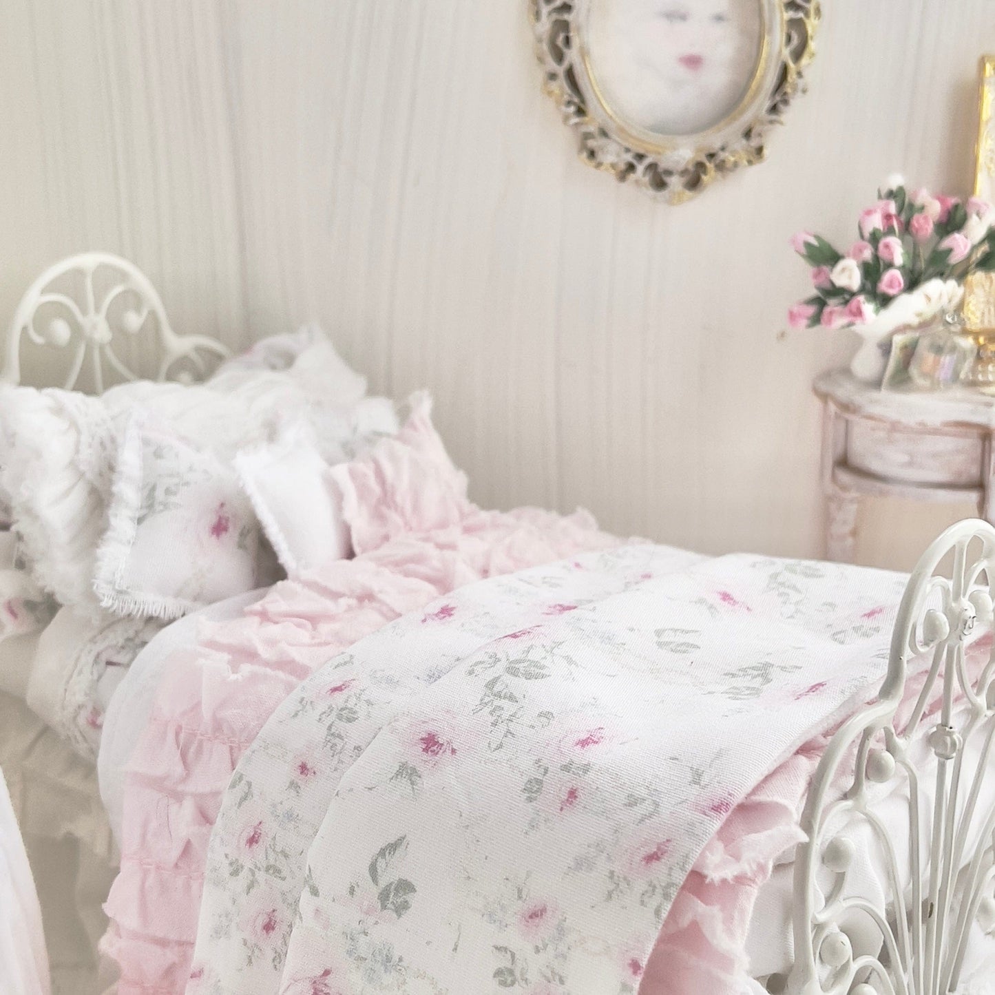 Chantallena Doll House Dressed 1:12 Scale Bed | Petite Pink and Blue Shabby Bedspread|Petite Lindy 1