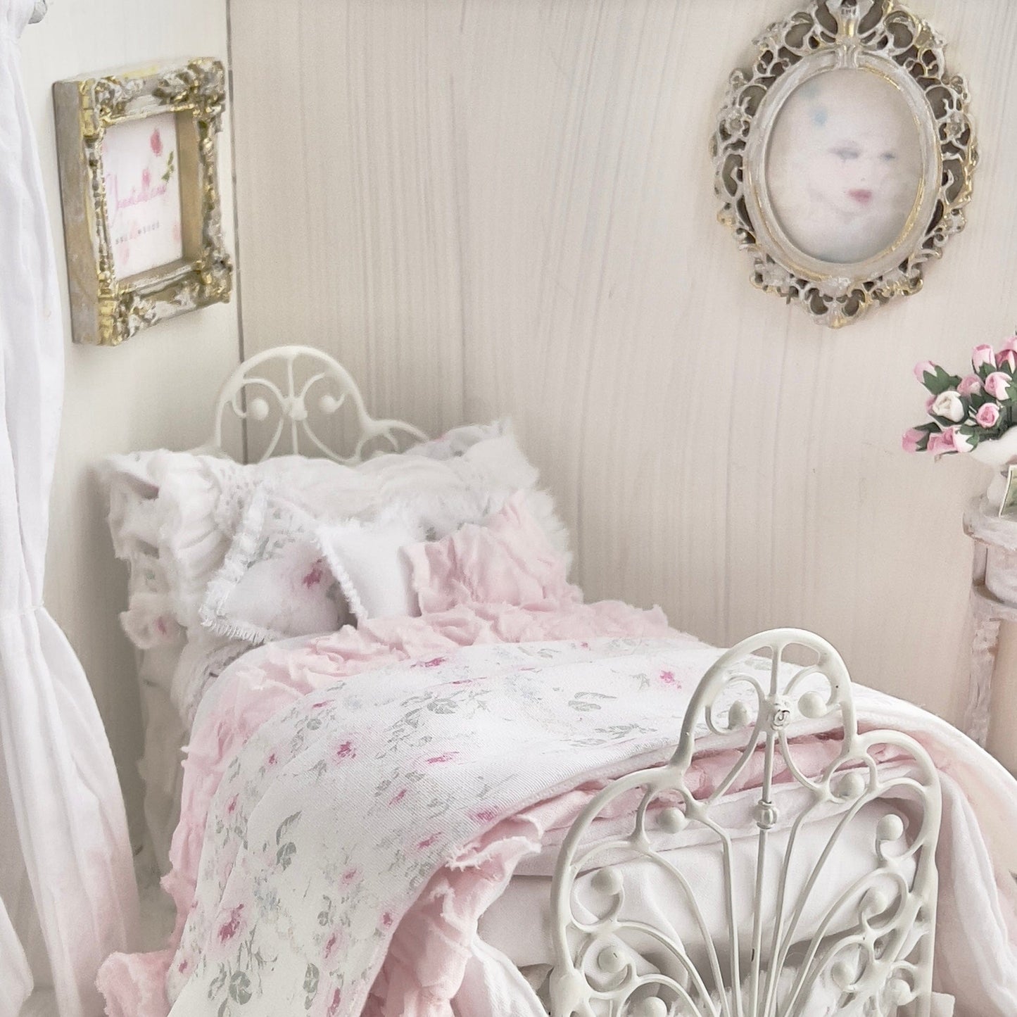 Chantallena Doll House Dressed 1:12 Scale Bed | Petite Pink and Blue Shabby Bedspread|Petite Lindy 1