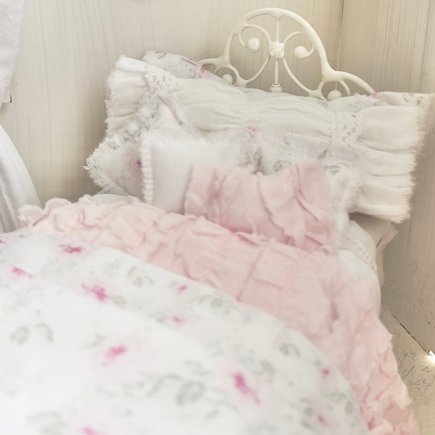 Chantallena Doll House Dressed 1:12 Scale Bed | Petite Pink and Blue Shabby Bedspread|Petite Lindy 1