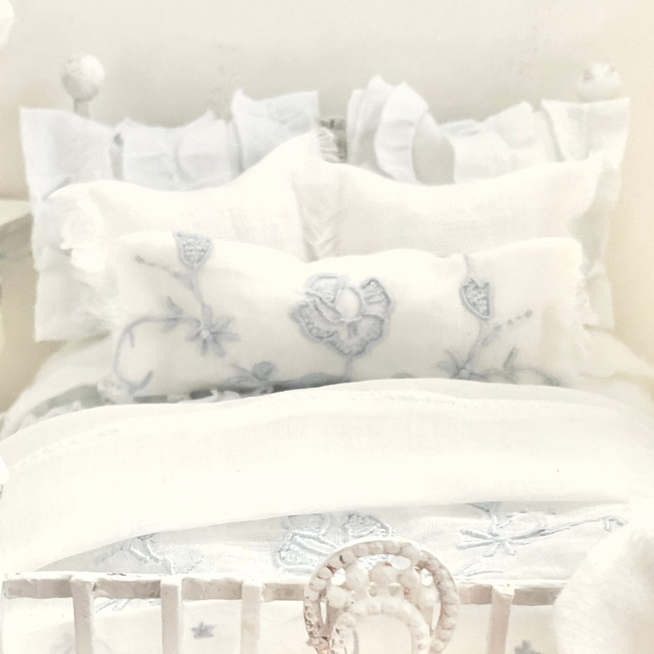 Chantallena Doll House Dressed 1:12 Scale Bed | White and Pale Blue Embroidered Linen| Blue Embrace