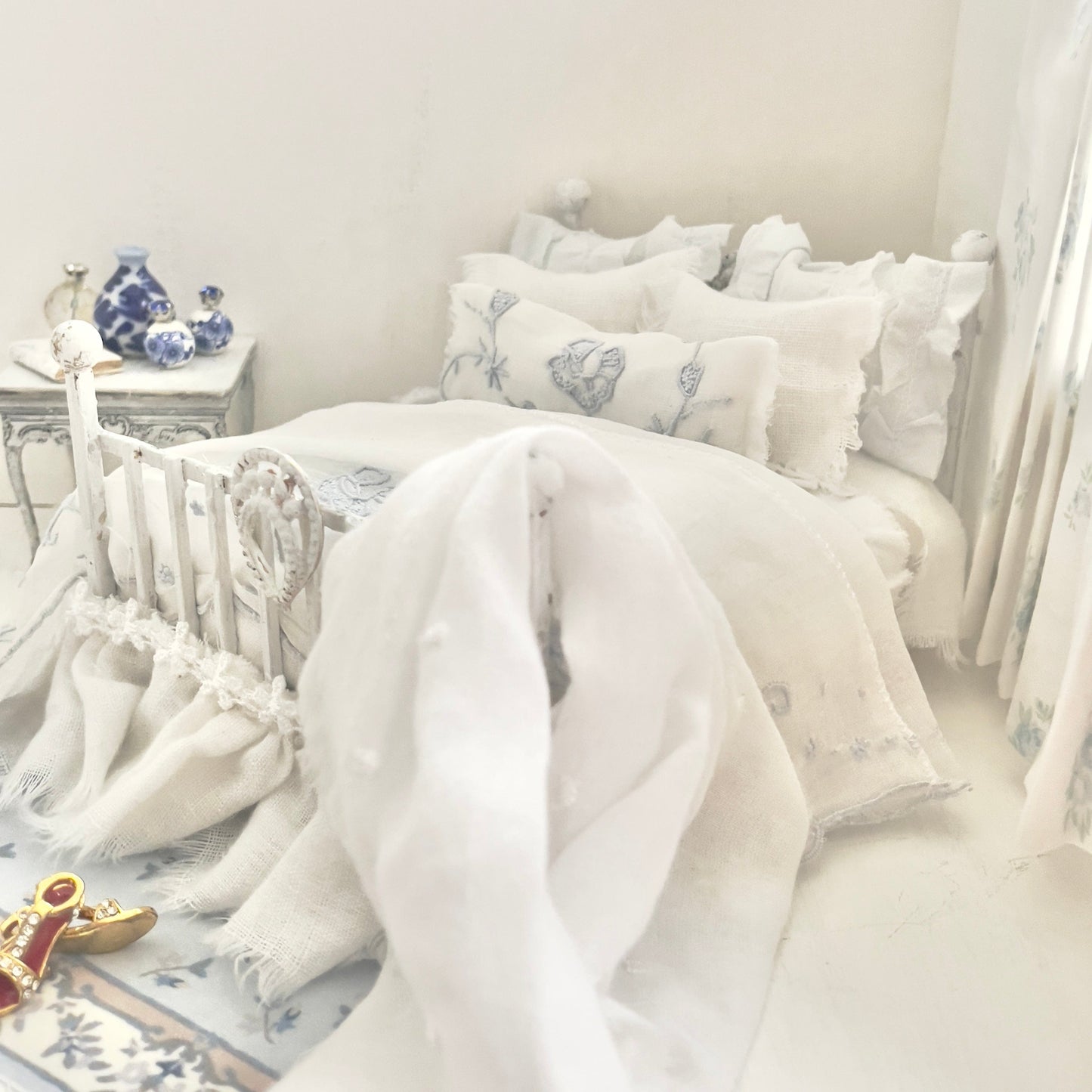 Chantallena Doll House Dressed 1:12 Scale Bed | White and Pale Blue Embroidered Linen| Blue Embrace