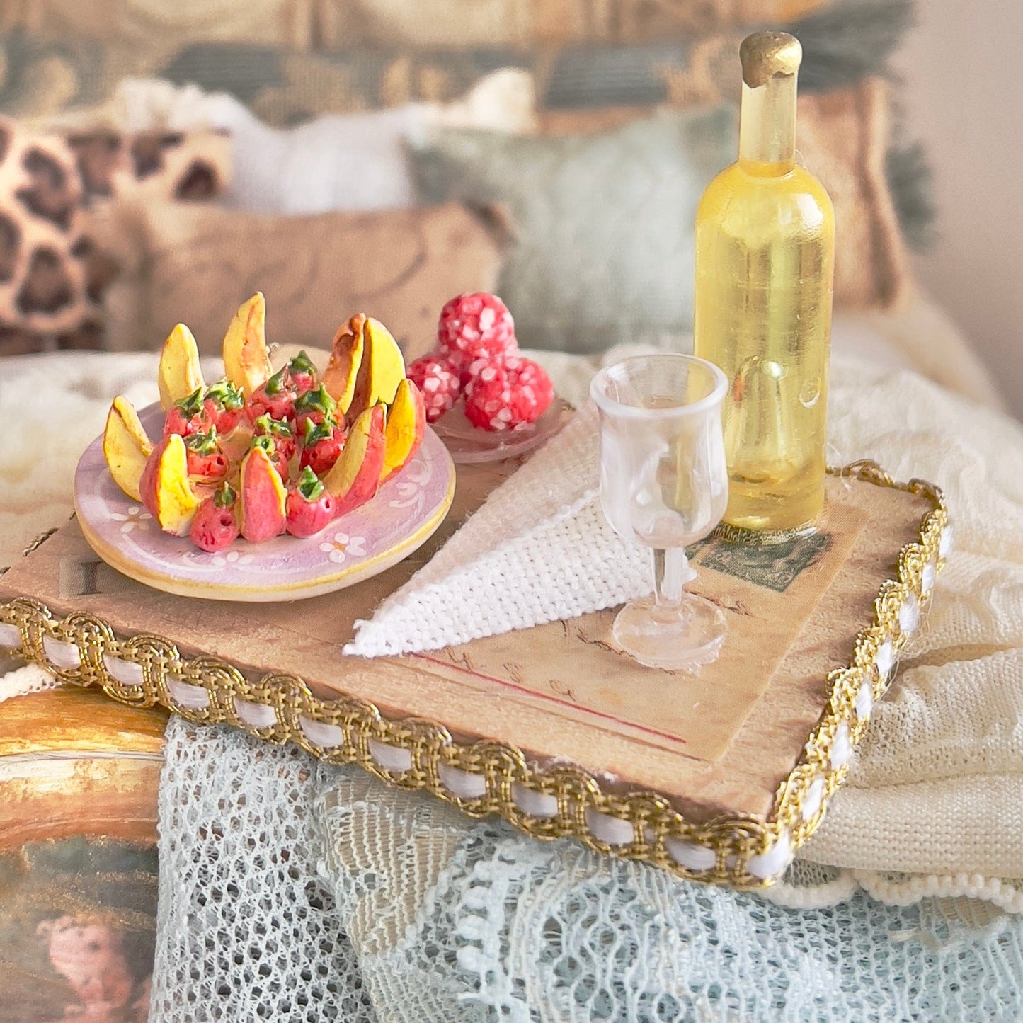 Chantallena Doll House dressed bed Chloe | Decoupage Paris Theme with Linen and Lace Bedding