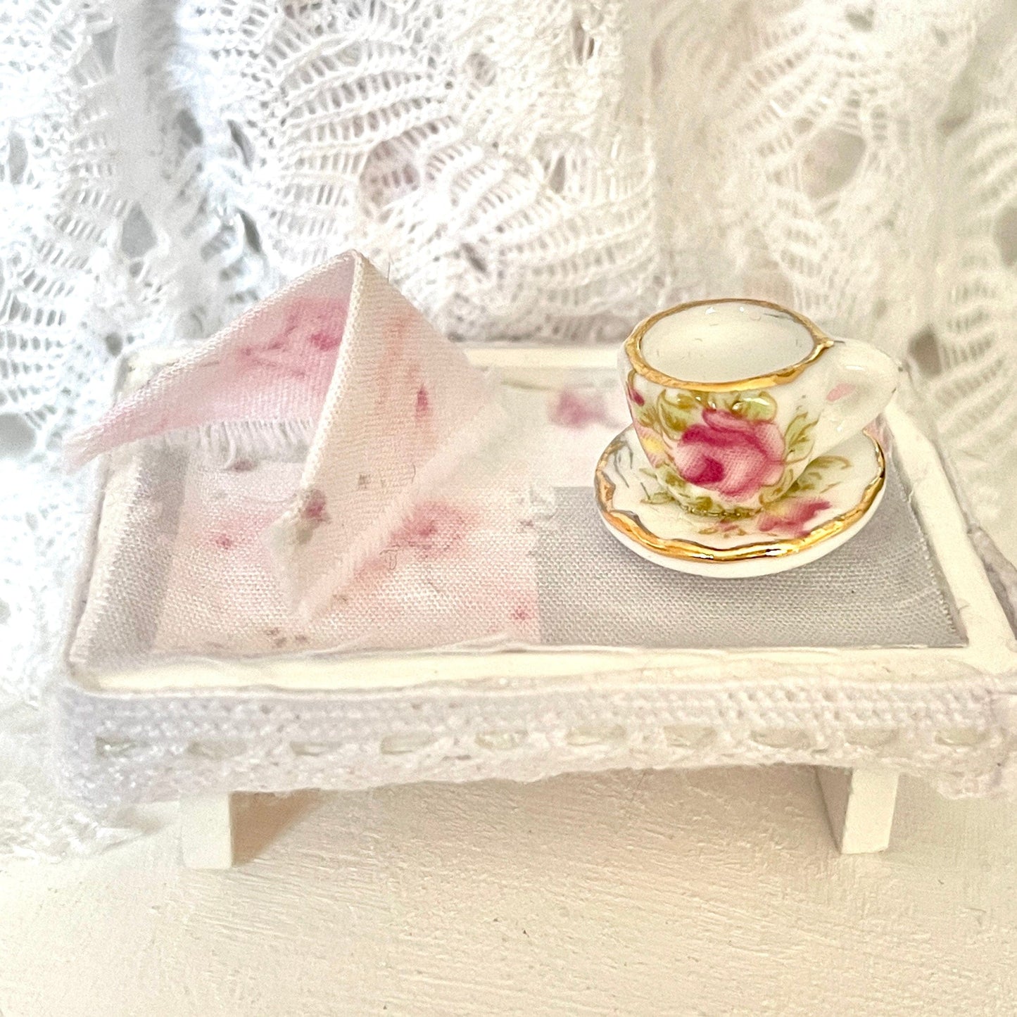 Chantallena Doll House dressed bed Dressed Bed | Shabby Cotton with Pink Roses and Gray Accents Bedding | Rosalie