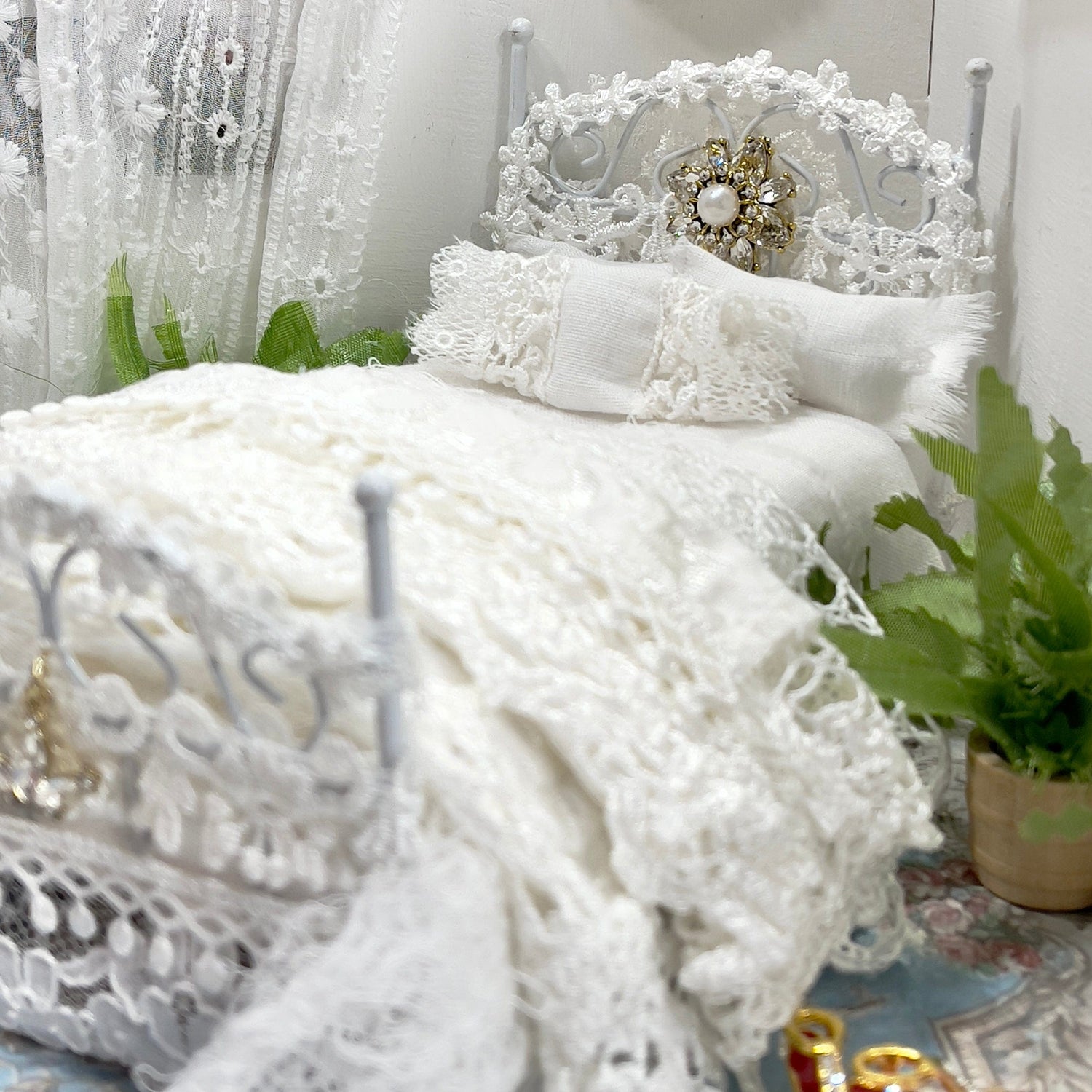 Chantallena Doll House Dressed Bed | White Cotwith Lace Accents | White Lace